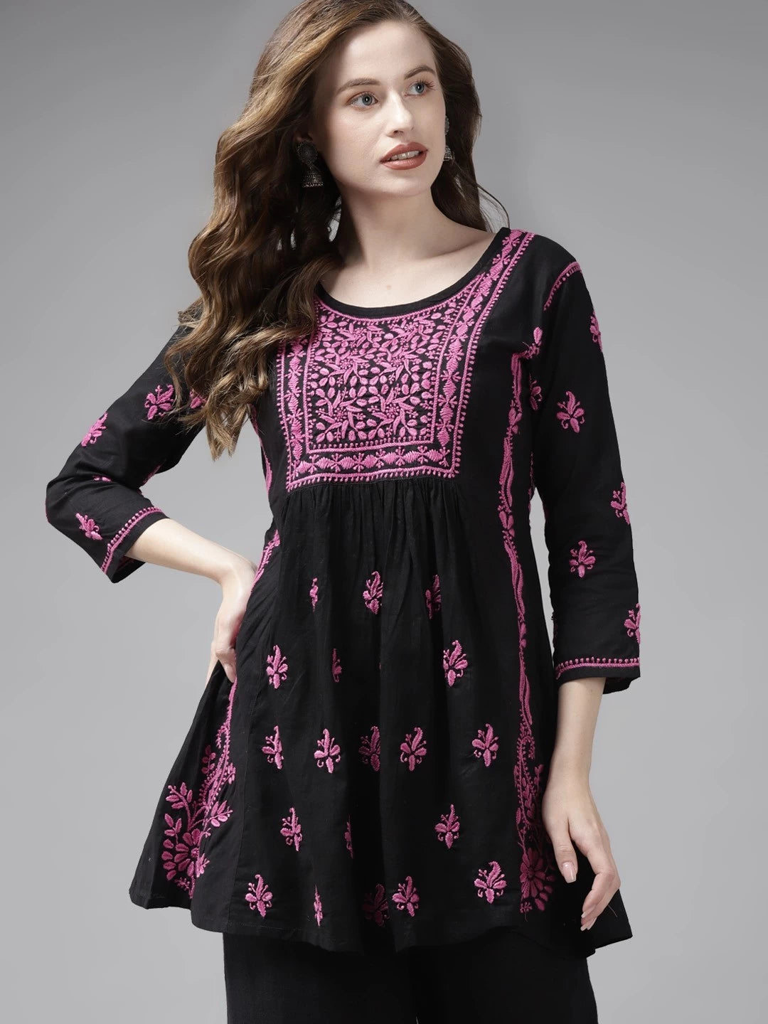 Ada Hand Embroidered Black Cotton Lucknowi Chikankari Short Kurti A911172
