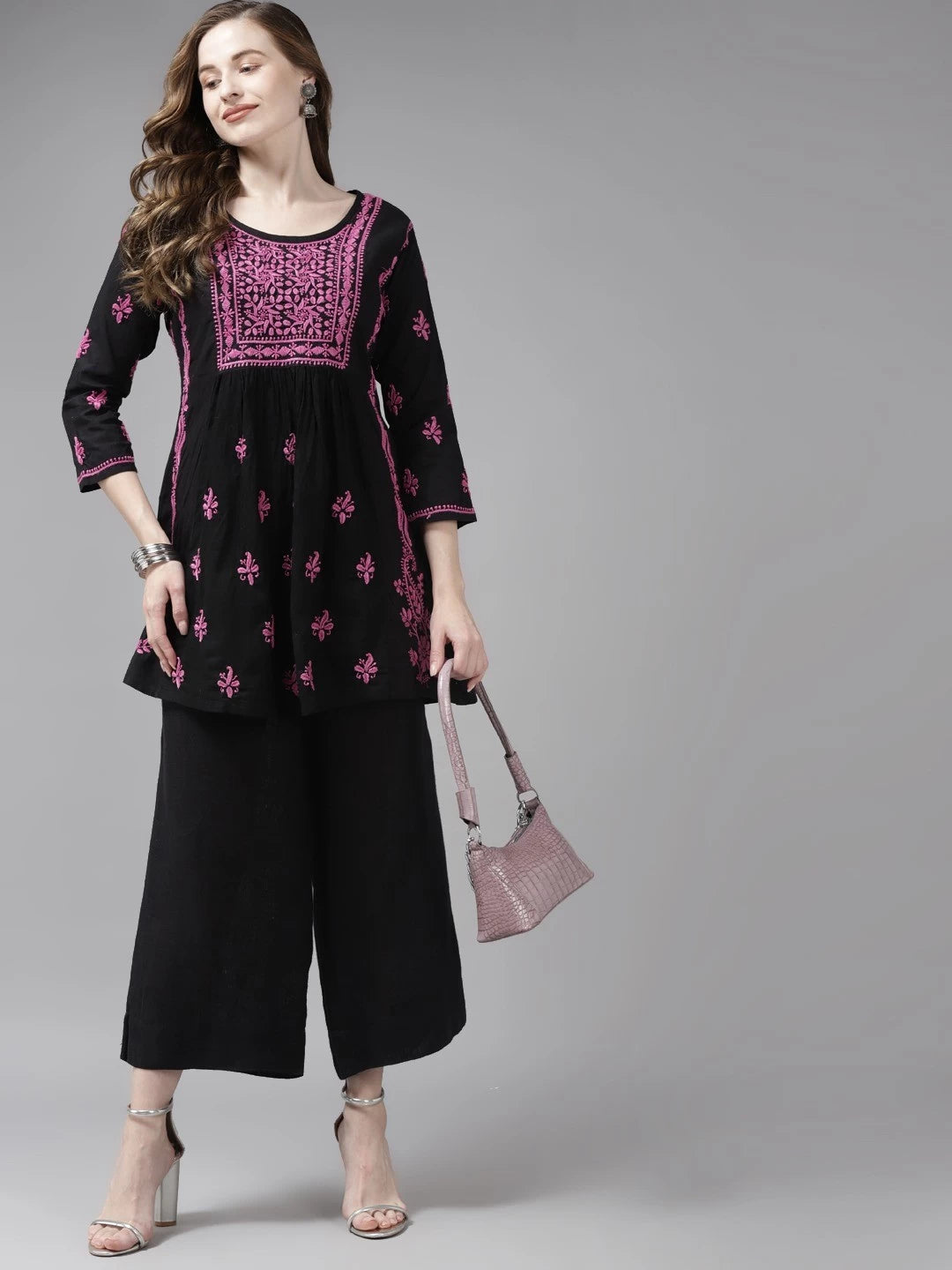Ada Hand Embroidered Black Cotton Lucknowi Chikankari Short Kurti A911172