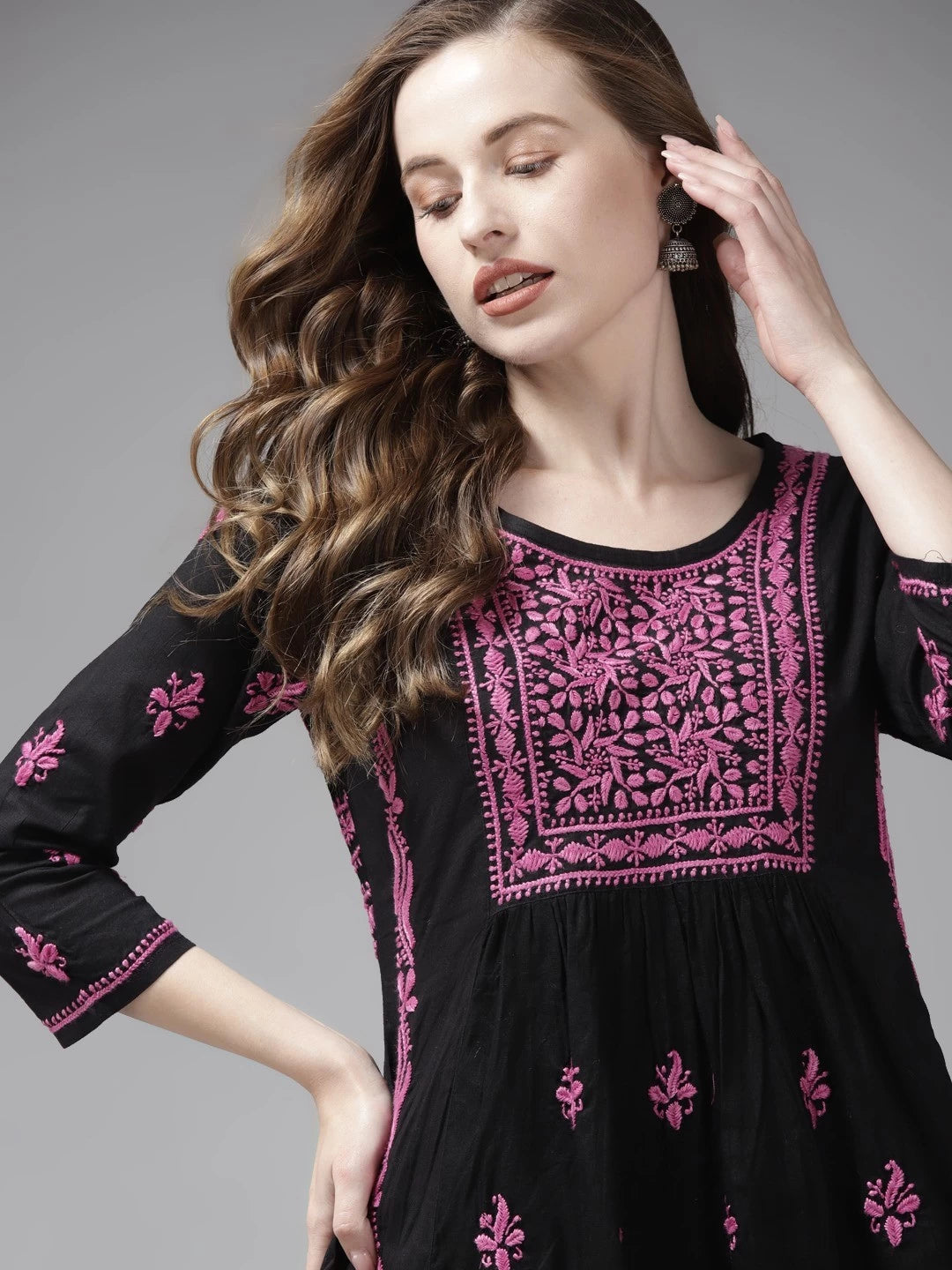 Ada Hand Embroidered Black Cotton Lucknowi Chikankari Short Kurti A911172