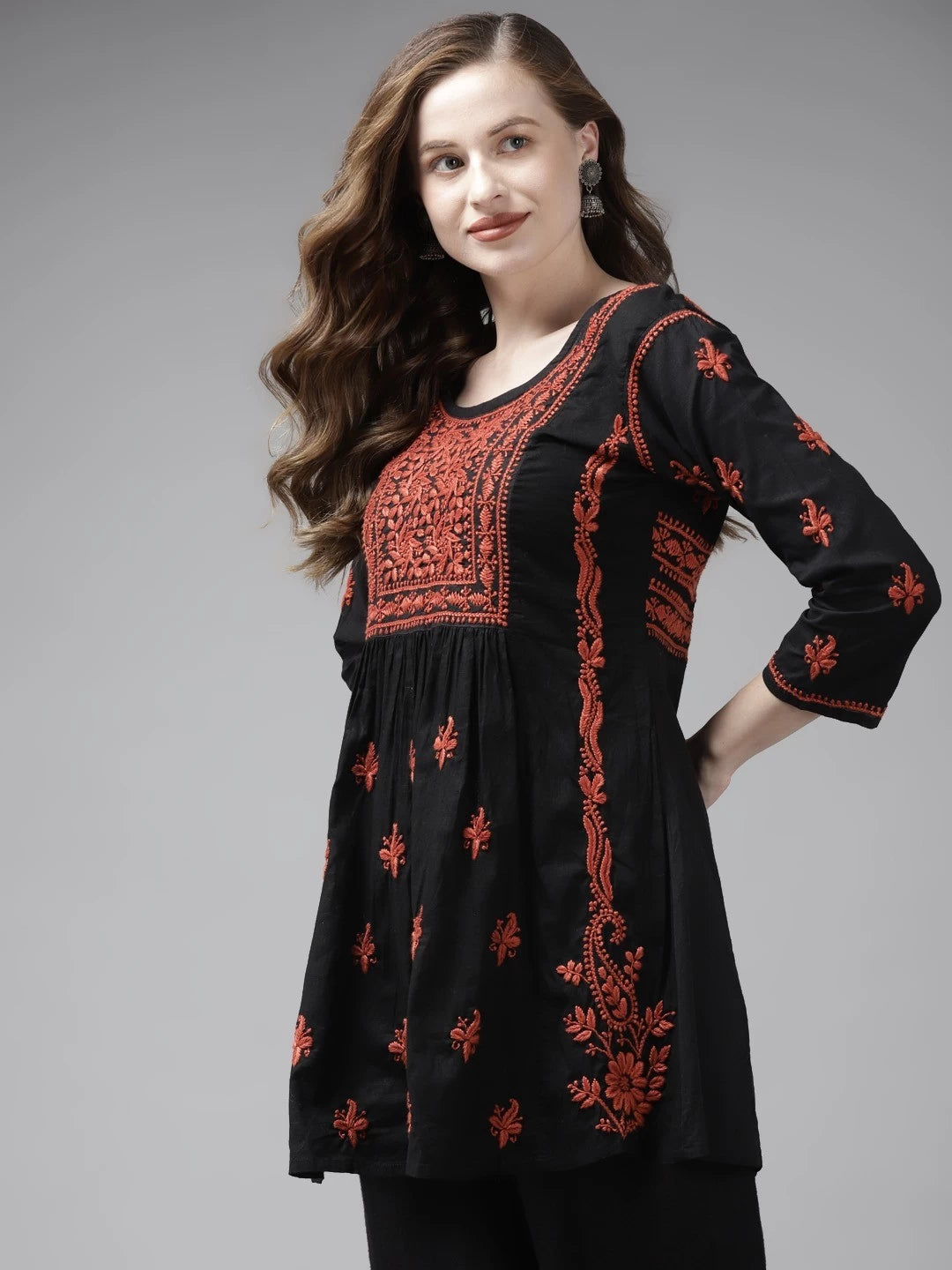 Ada Hand Embroidered Black Cotton Lucknowi Chikankari Kurti A911174