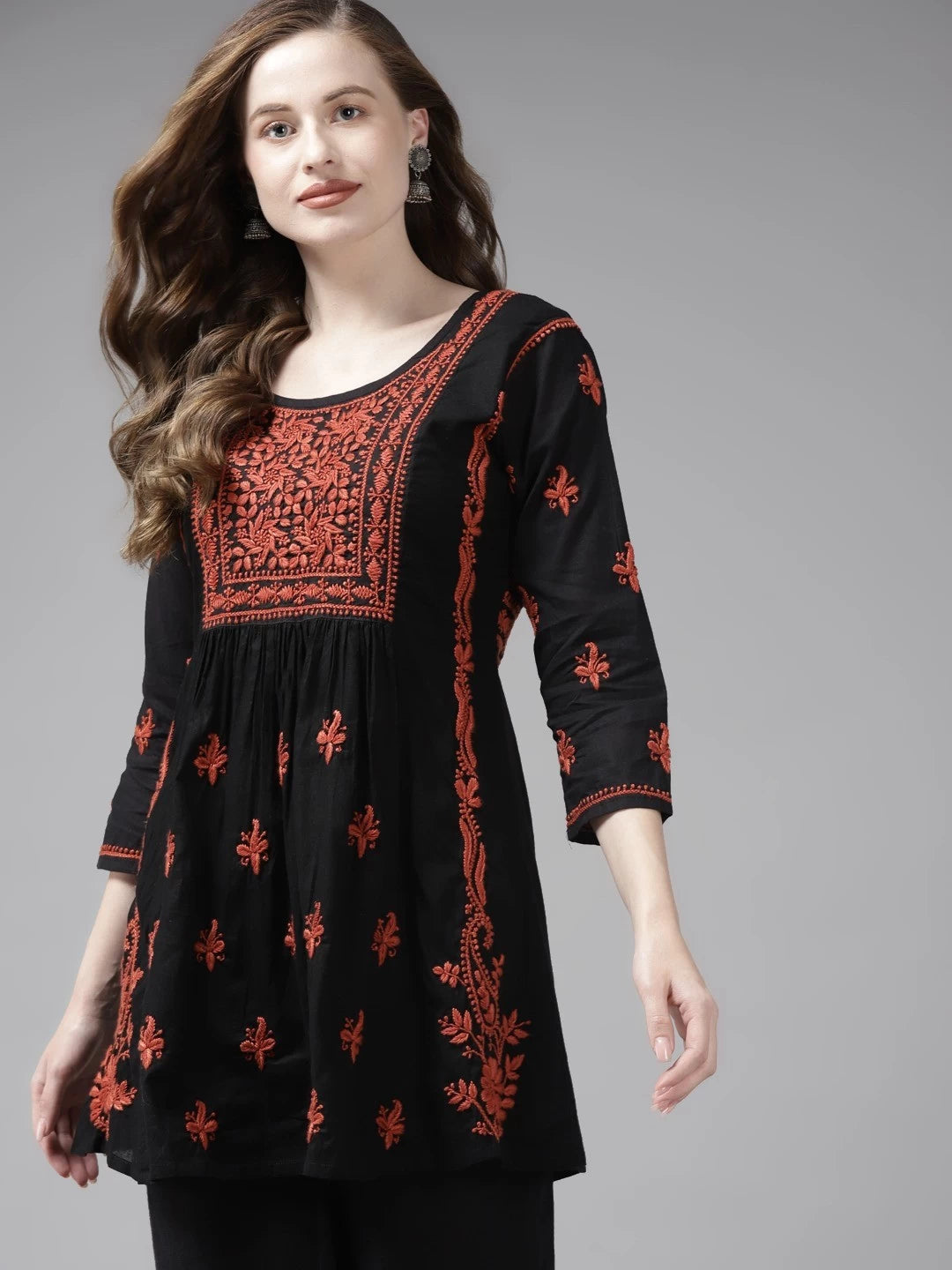 Ada Hand Embroidered Black Cotton Lucknowi Chikankari Kurti A911174