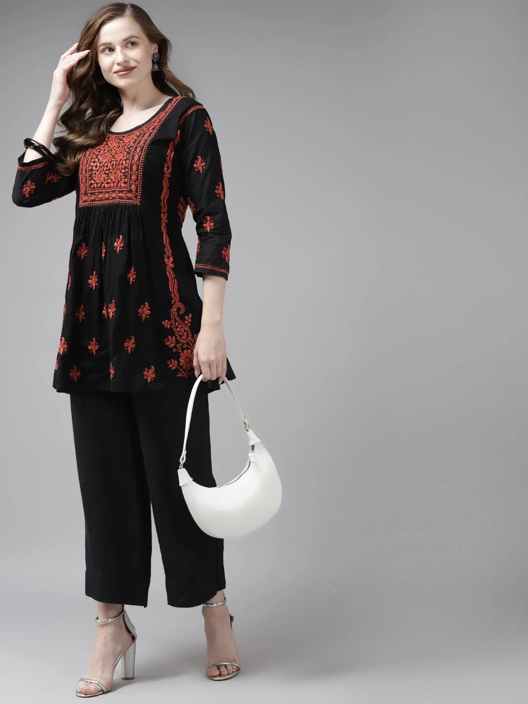 Ada Hand Embroidered Black Cotton Lucknowi Chikankari Kurti A911174
