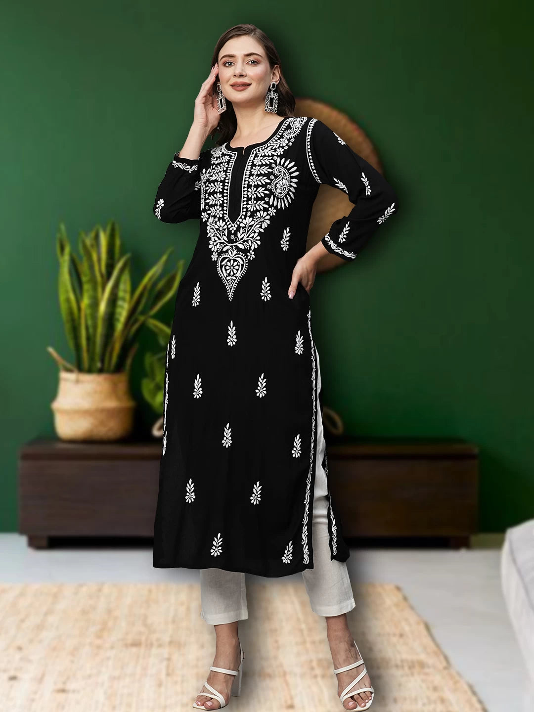 Ada Hand Embroidered Black Rayon Lucknowi Chikankari Straight Kurta A411483