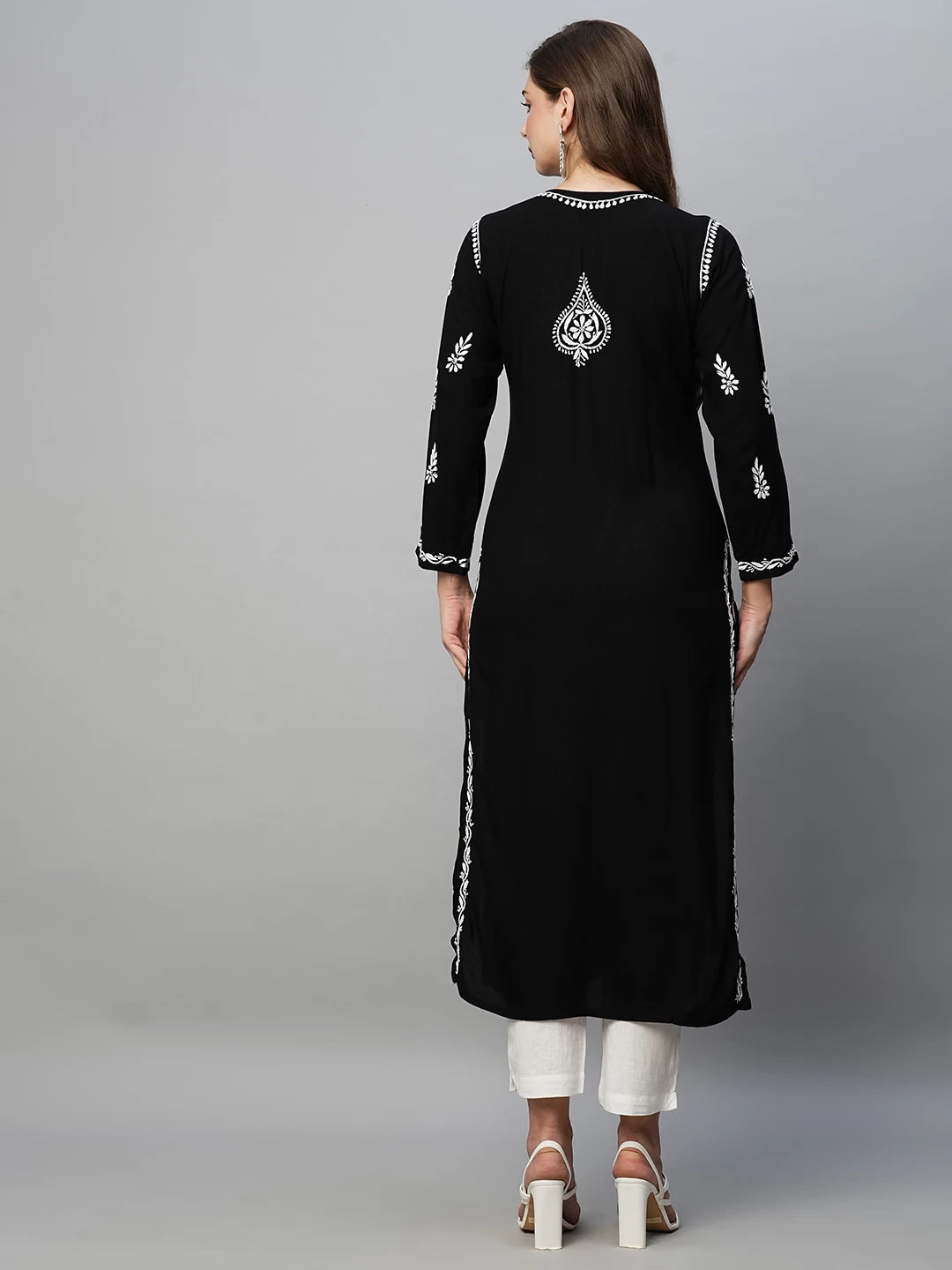 Ada Hand Embroidered Black Rayon Lucknowi Chikankari Straight Kurta A411483