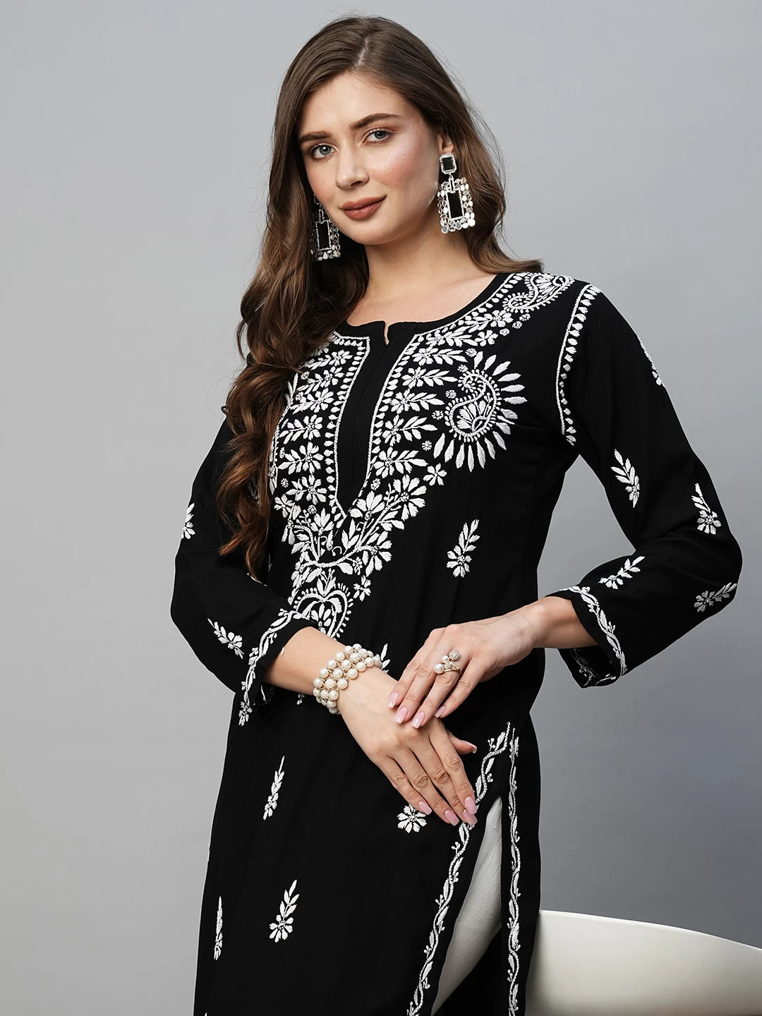 Ada Hand Embroidered Black Rayon Lucknowi Chikankari Straight Kurta A411483