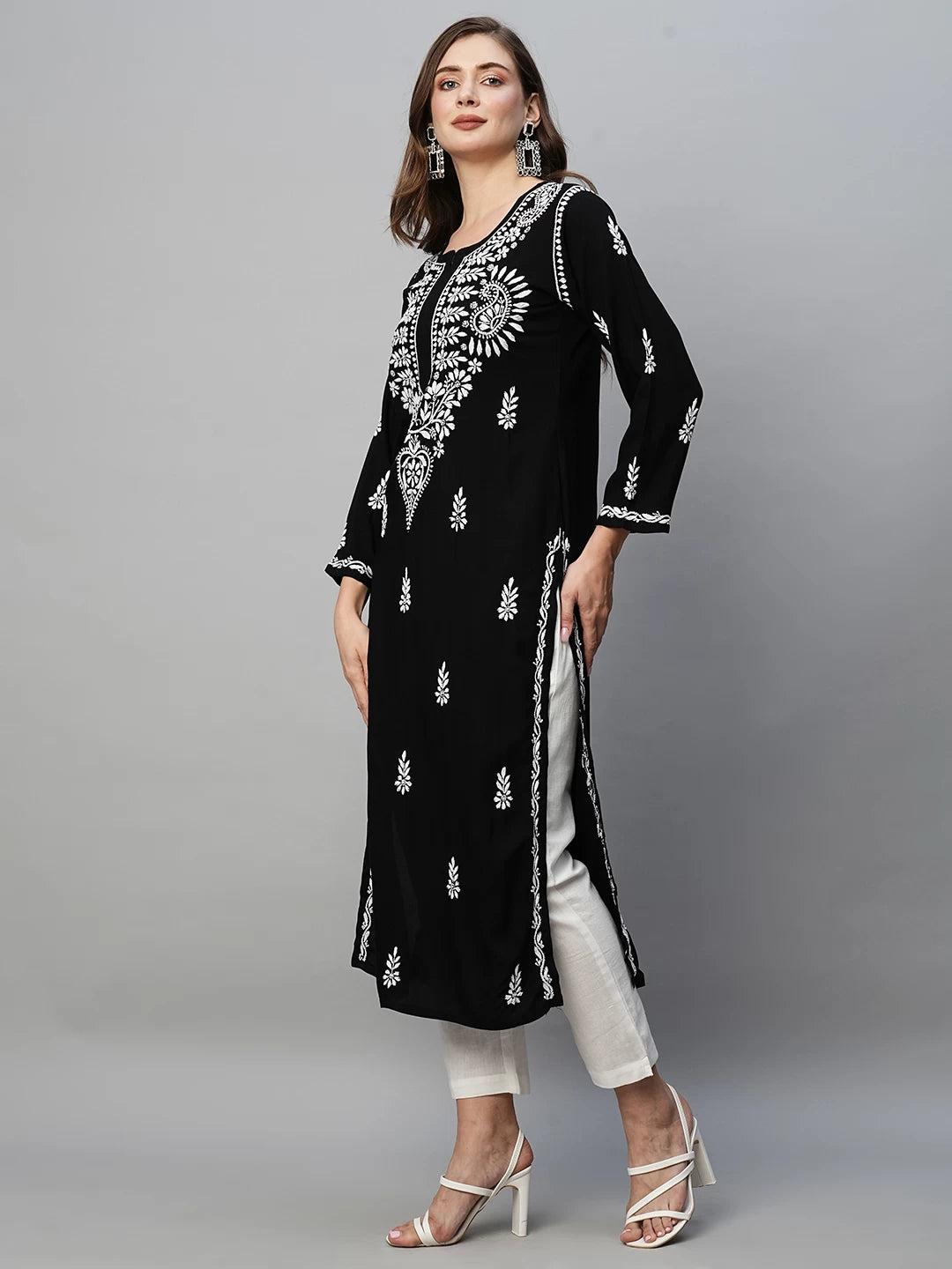 Ada Hand Embroidered Black Rayon Lucknowi Chikankari Straight Kurta A411483