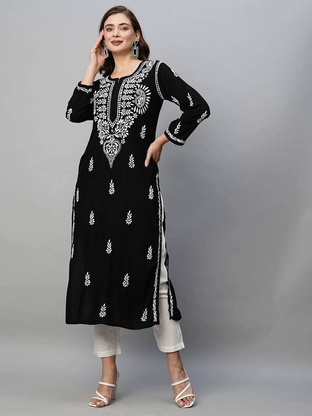 Ada Hand Embroidered Black Rayon Lucknowi Chikankari Straight Kurta A411483