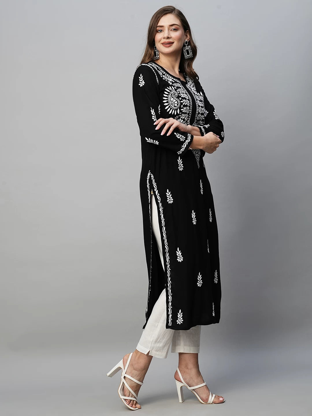 Ada Hand Embroidered Black Rayon Lucknowi Chikankari Straight Kurta A411483
