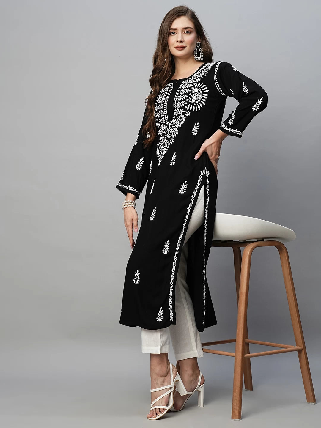 Ada Hand Embroidered Black Rayon Lucknowi Chikankari Straight Kurta A411483