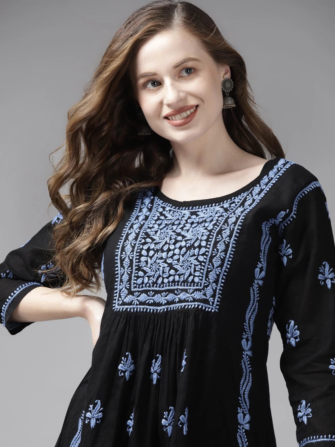 Ada Hand Embroidered Black Cotton Lucknow Chikankari Kurti A911175