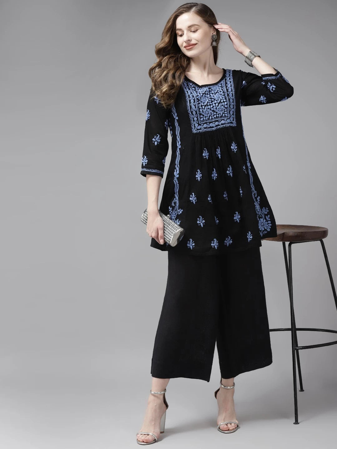 Ada Hand Embroidered Black Cotton Lucknow Chikankari Kurti A911175