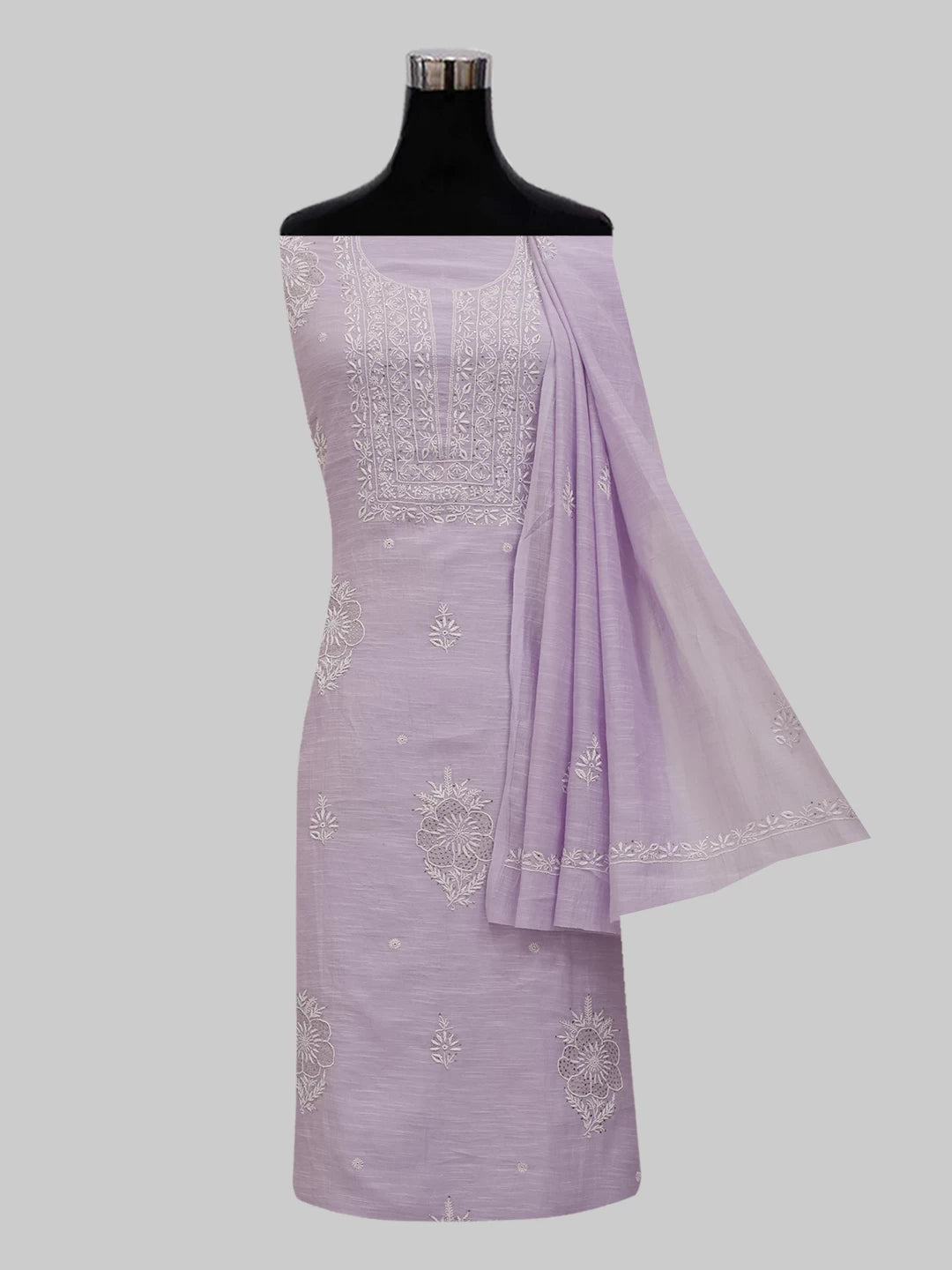 Ada Hand Embroidered Lavender Chanderi Lucknowi Chikankari Unstitched Kurta Dupatta Set With Mukaish Work 01A463380