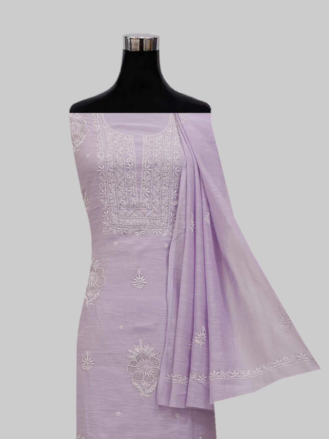 Ada Hand Embroidered Lavender Chanderi Lucknowi Chikankari Unstitched Kurta Dupatta Set With Mukaish Work 01A463380