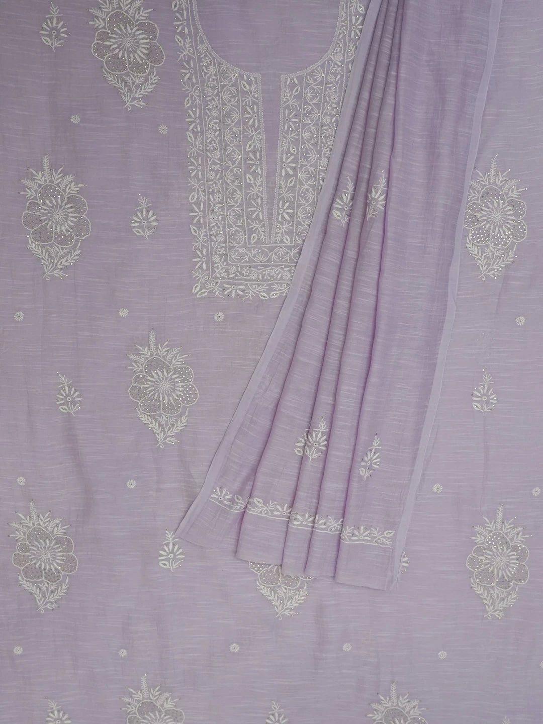 Ada Hand Embroidered Lavender Chanderi Lucknowi Chikankari Unstitched Kurta Dupatta Set With Mukaish Work 01A463380