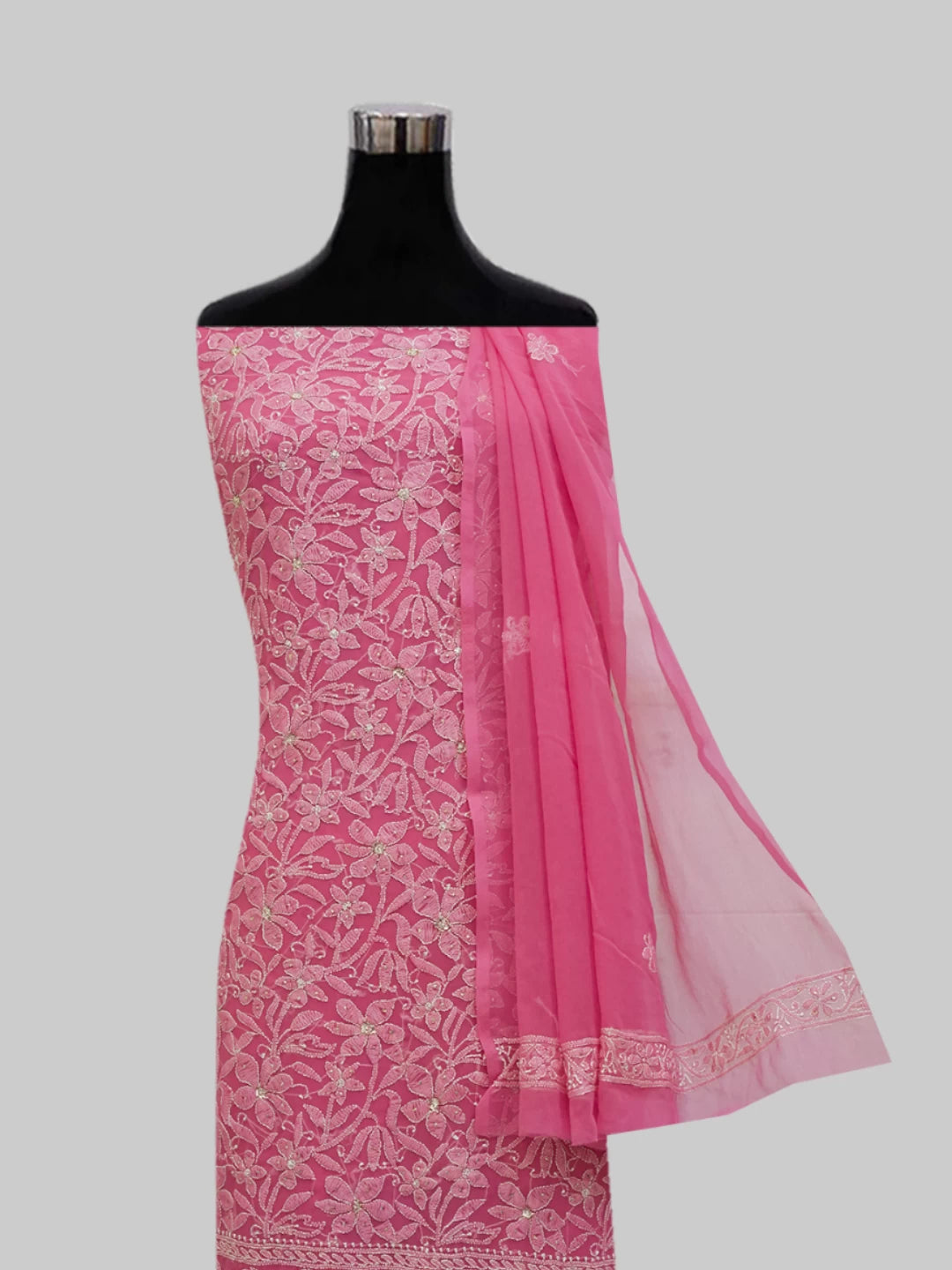 Ada Hand Embroidered Pink Georgette Lucknowi Chikankari Unstitched Suit Piece With Mukaish 01A388201