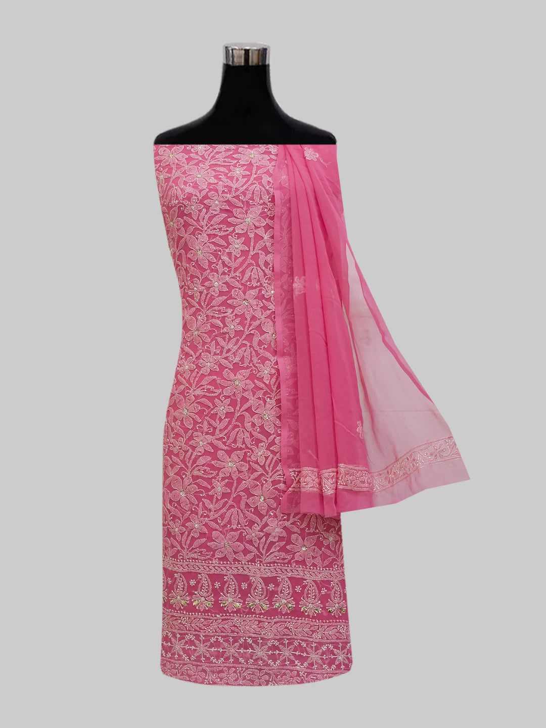 Ada Hand Embroidered Pink Georgette Lucknowi Chikankari Unstitched Suit Piece With Mukaish 01A388201