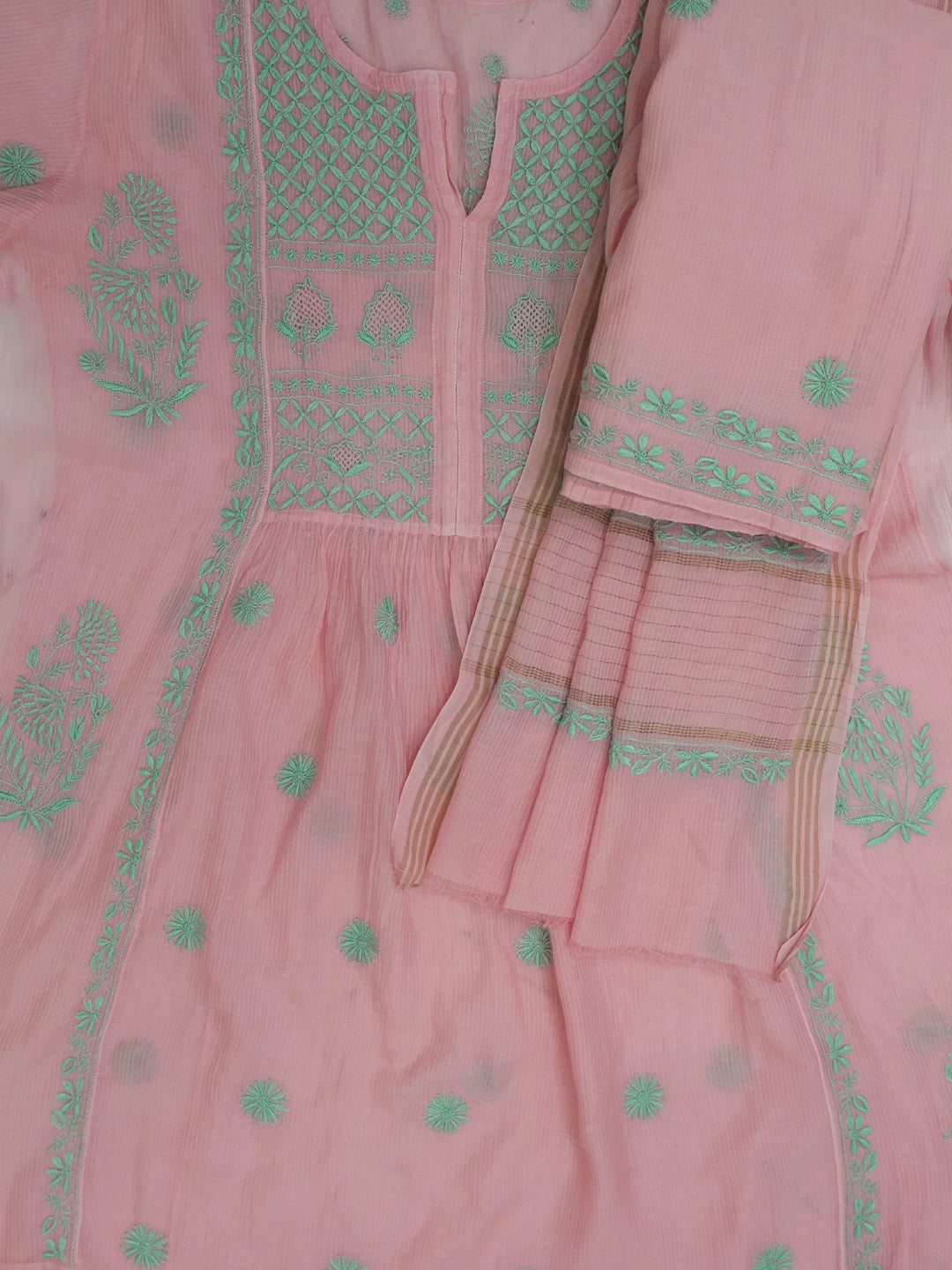 Ada Hand Embroidered Pink Chanderi Lucknowi Chikankari Semi-Stitched Suit Piece 01A470434