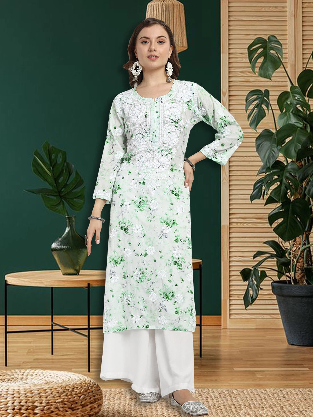 Ada Hand Embroidered Green Cotton Floral Printed Lucknowi Chikankari Straight Kurta A411526