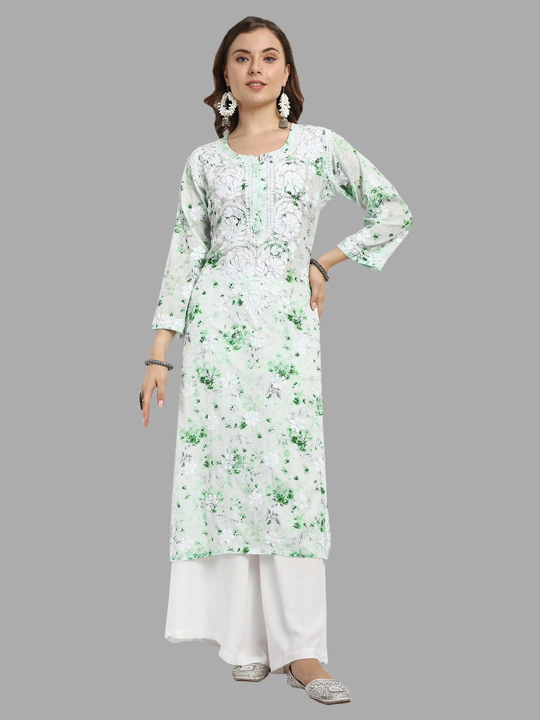Ada Hand Embroidered Green Cotton Floral Printed Lucknowi Chikankari Straight Kurta A411526
