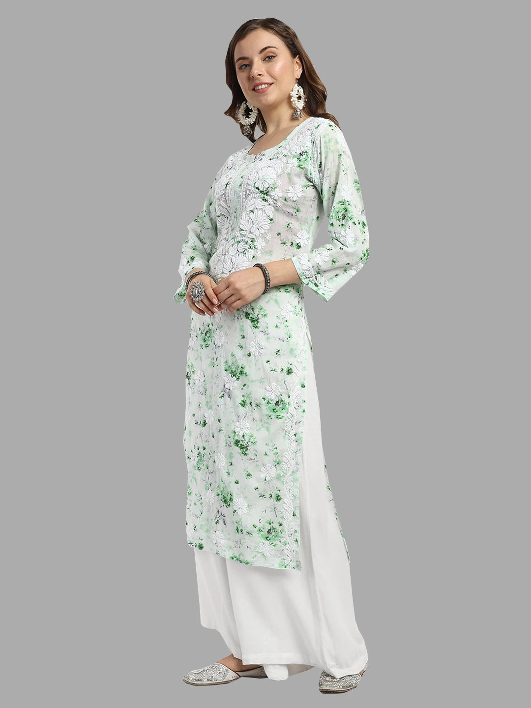 Ada Hand Embroidered Green Cotton Floral Printed Lucknowi Chikankari Straight Kurta A411526