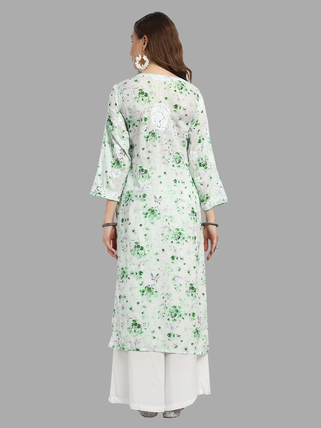 Ada Hand Embroidered Green Cotton Floral Printed Lucknowi Chikankari Straight Kurta A411526