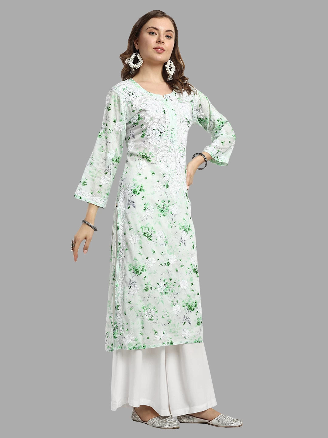 Ada Hand Embroidered Green Cotton Floral Printed Lucknowi Chikankari Straight Kurta A411526