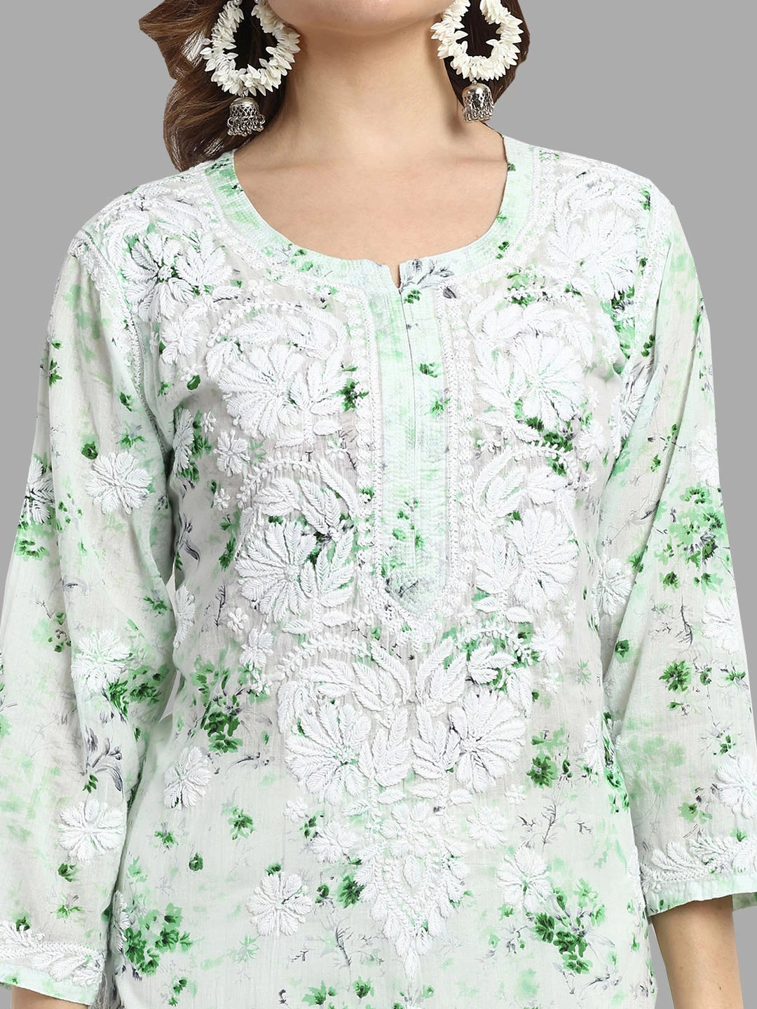Ada Hand Embroidered Green Cotton Floral Printed Lucknowi Chikankari Straight Kurta A411526