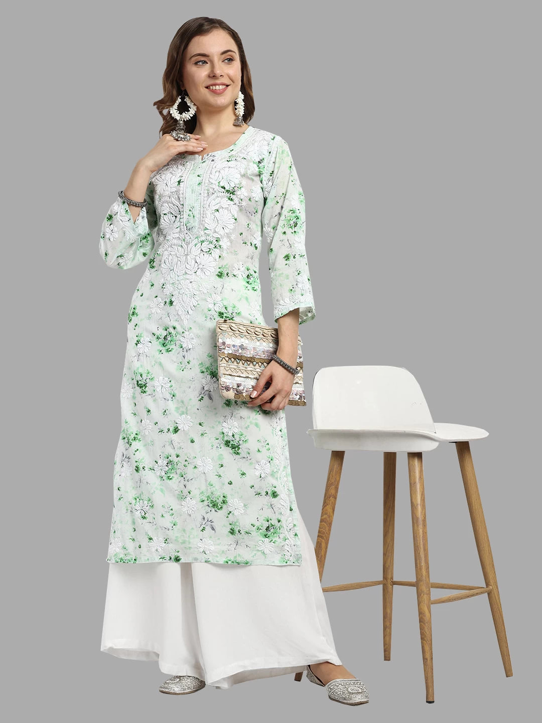 Ada Hand Embroidered Green Cotton Floral Printed Lucknowi Chikankari Straight Kurta A411526