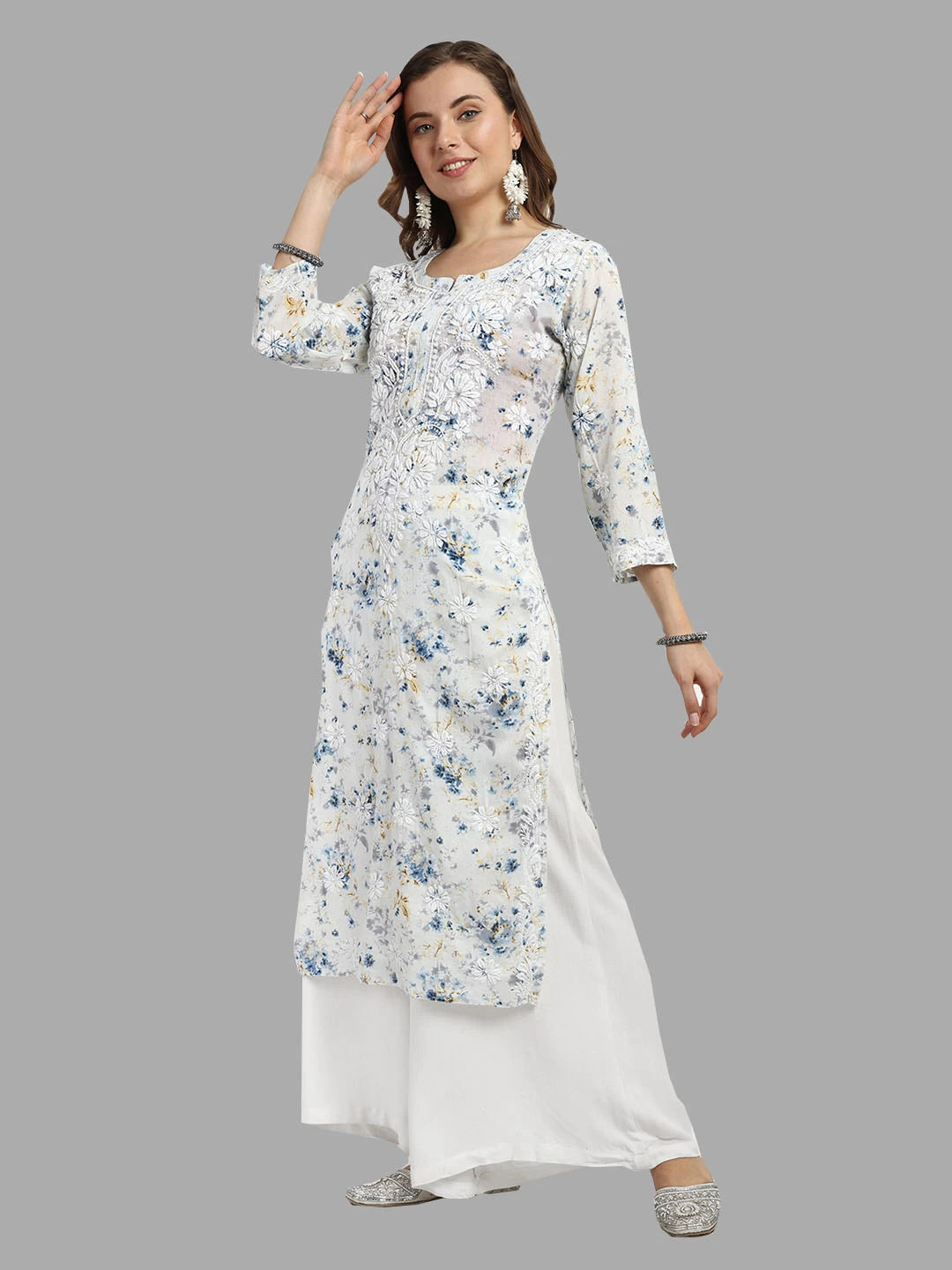 Ada Hand Embroidered Blue Cotton Floral Printed Lucknowi Chikankari Straight Kurta A411528