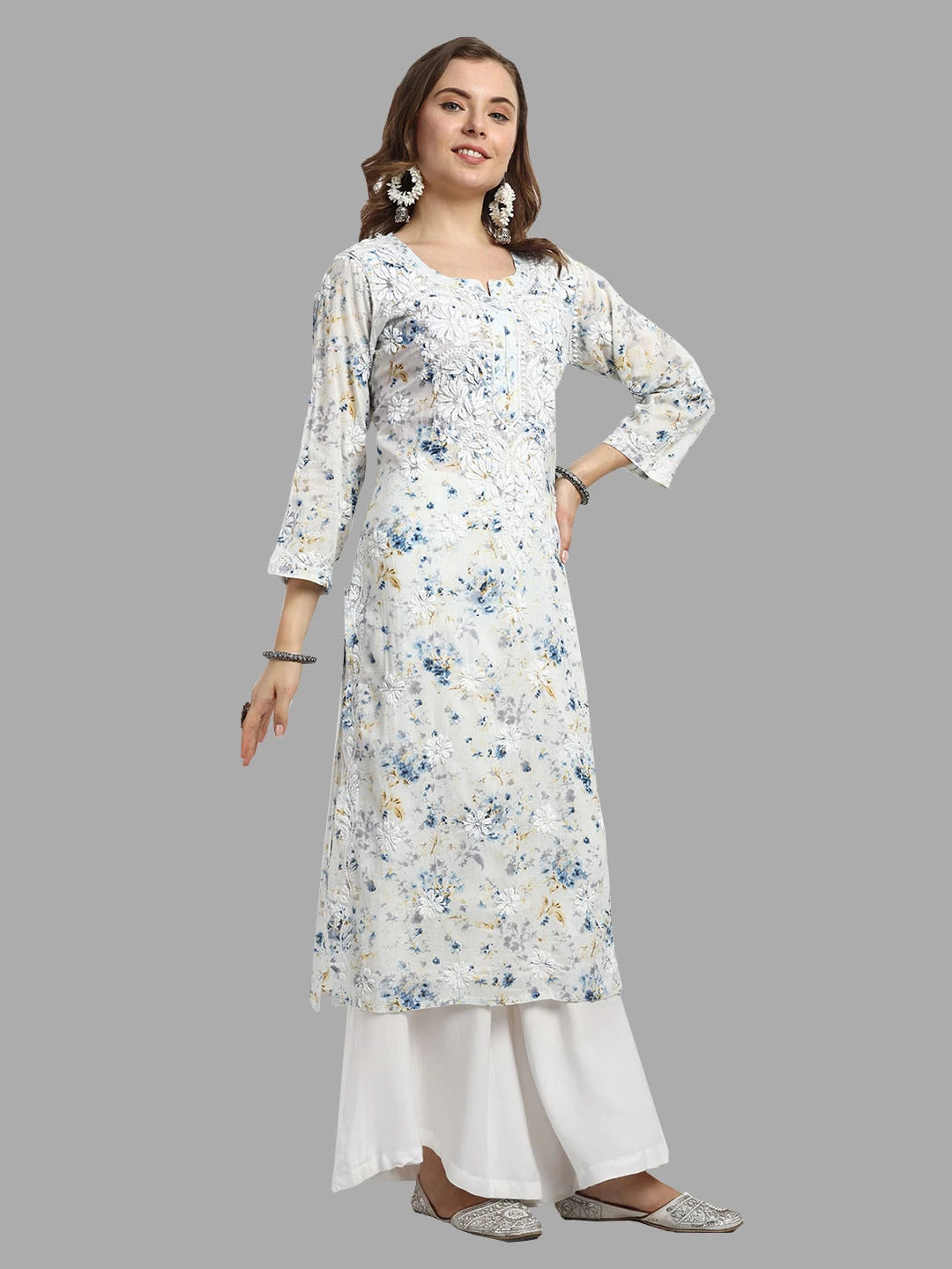 Ada Hand Embroidered Blue Cotton Floral Printed Lucknowi Chikankari Straight Kurta A411528