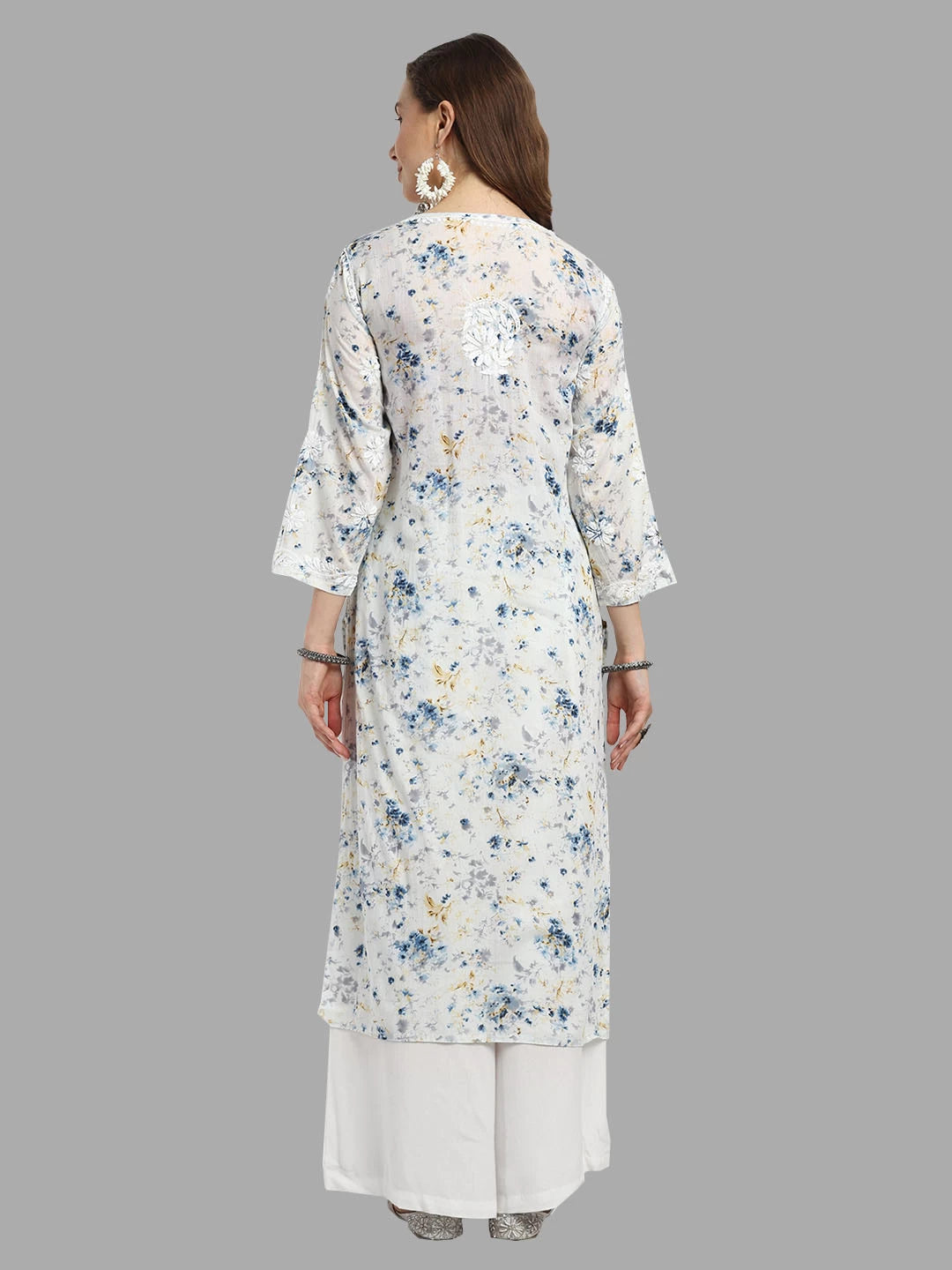 Ada Hand Embroidered Blue Cotton Floral Printed Lucknowi Chikankari Straight Kurta A411528