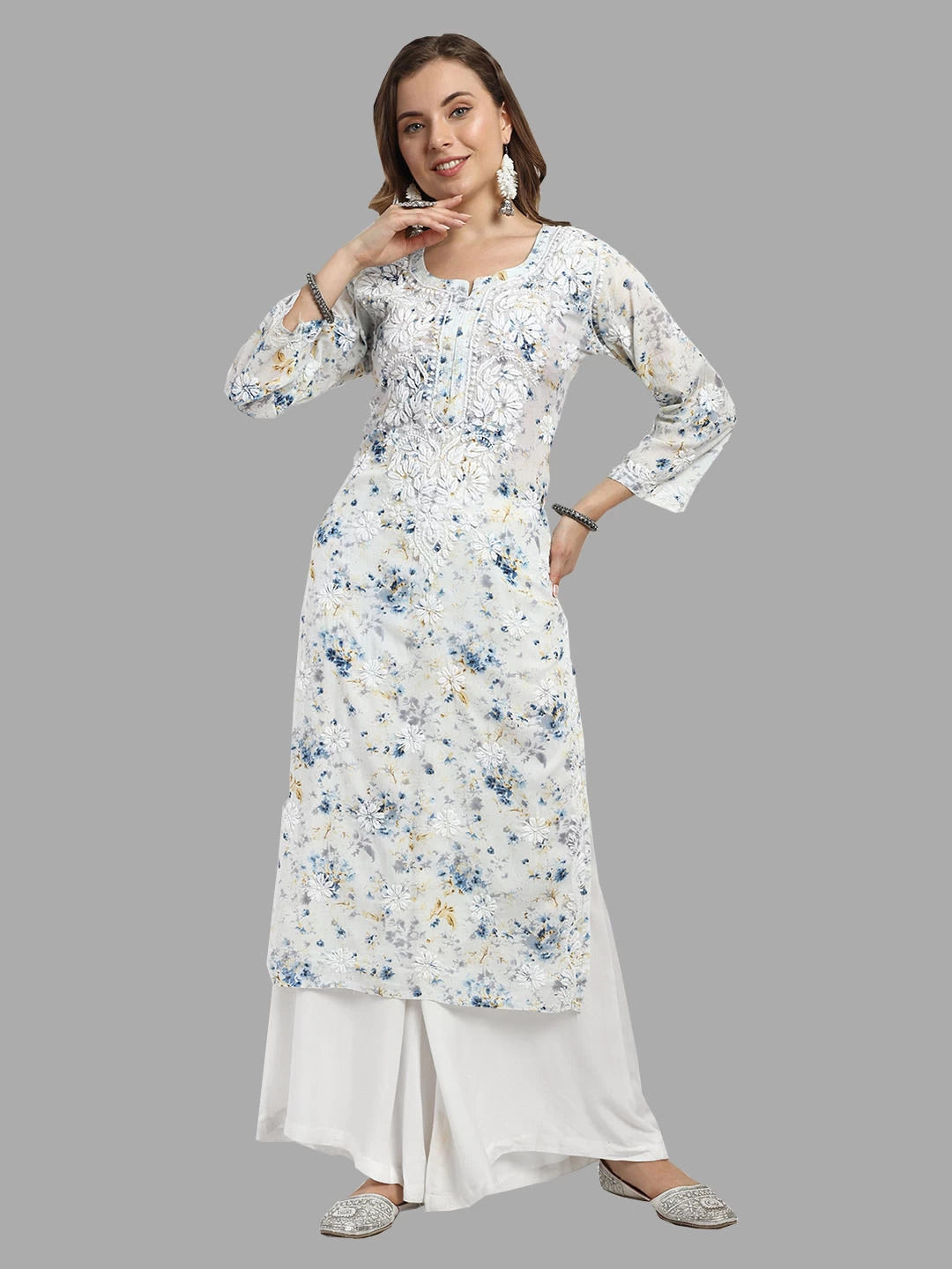 Ada Hand Embroidered Blue Cotton Floral Printed Lucknowi Chikankari Straight Kurta A411528