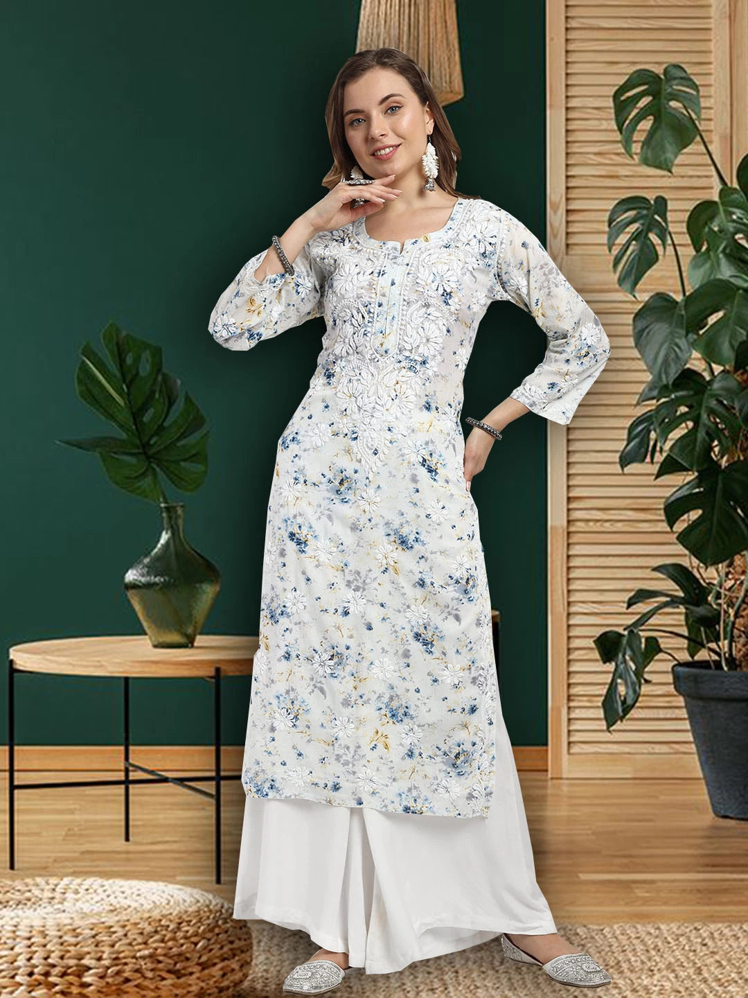 Ada Hand Embroidered Blue Cotton Floral Printed Lucknowi Chikankari Straight Kurta A411528