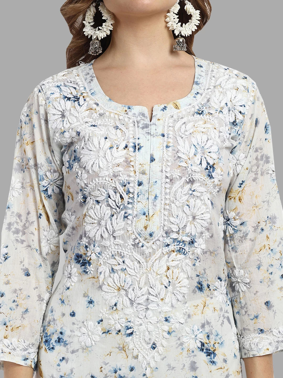 Ada Hand Embroidered Blue Cotton Floral Printed Lucknowi Chikankari Straight Kurta A411528