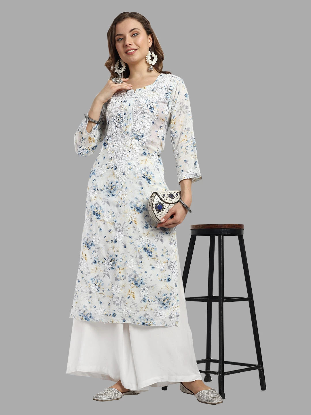 Ada Hand Embroidered Blue Cotton Floral Printed Lucknowi Chikankari Straight Kurta A411528