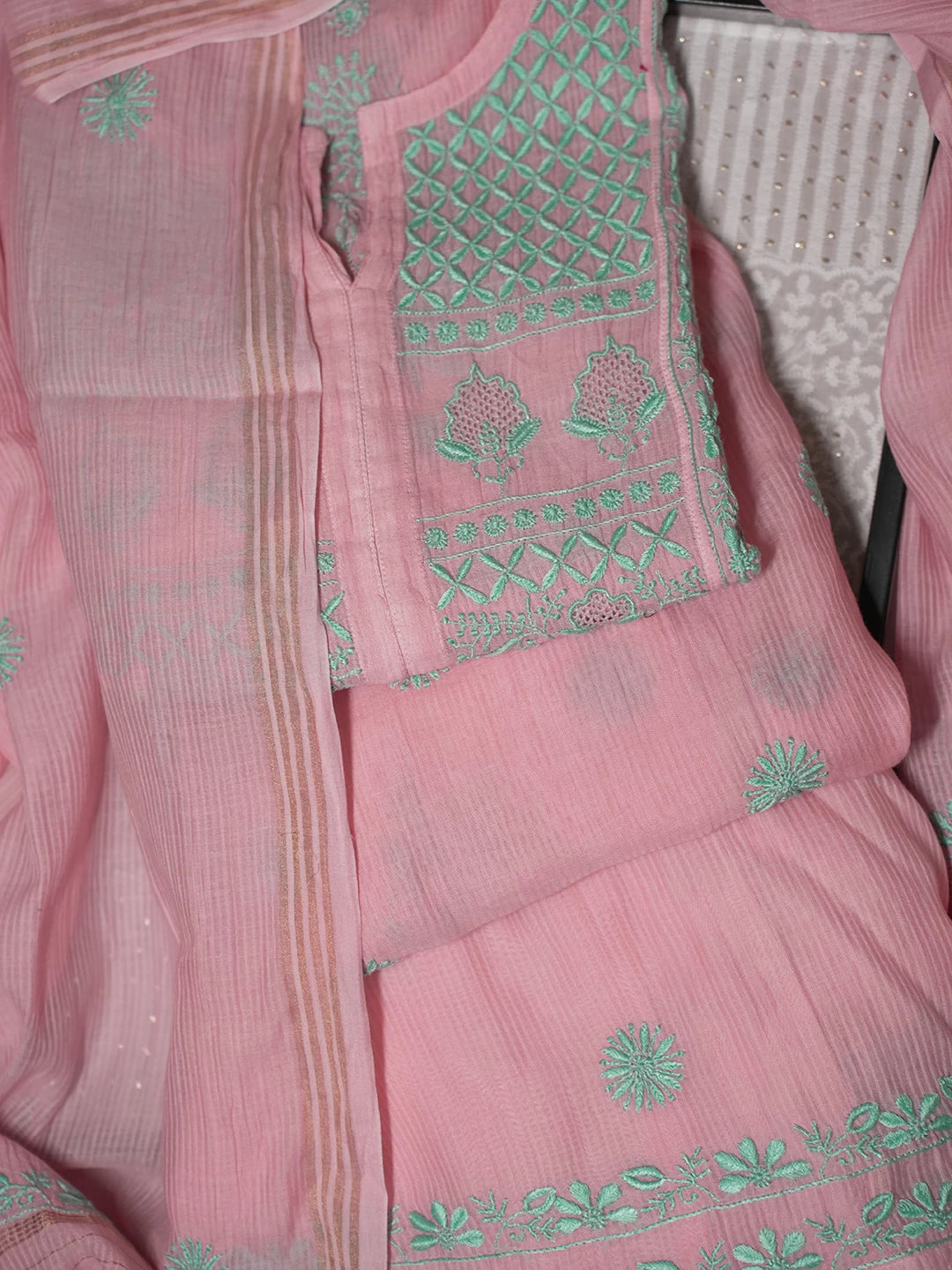Ada Hand Embroidered Pink Chanderi Lucknowi Chikankari Semi-Stitched Suit Piece 01A470434