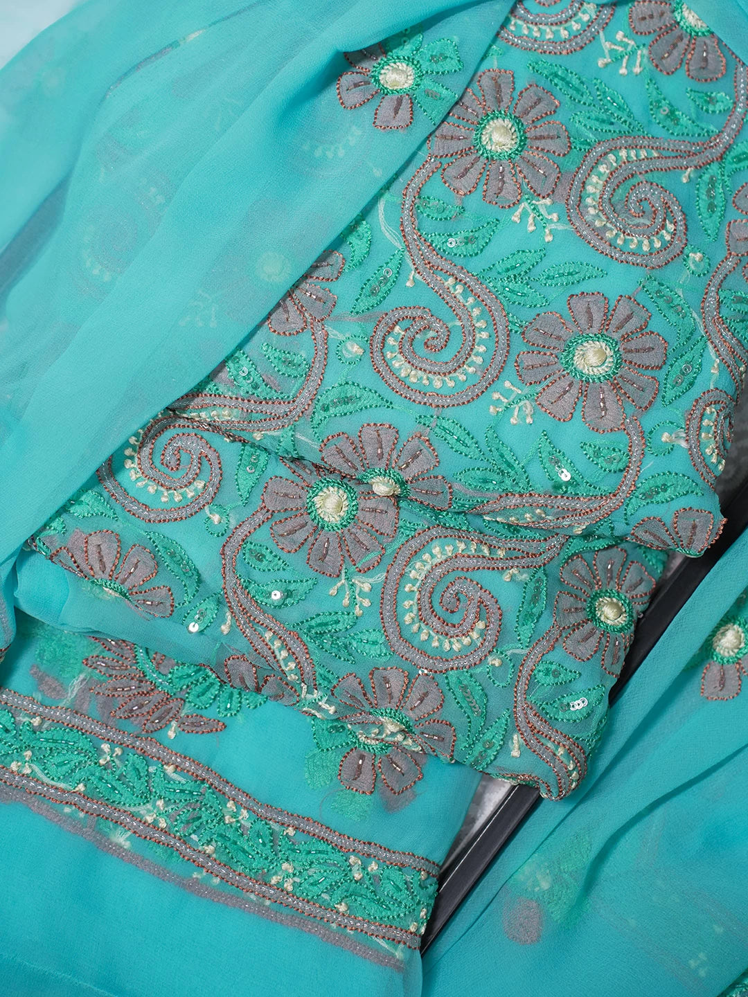 Ada Hand Embroidered Blue Georgette Lucknowi Chikankari Unstitched Suit Piece With Cutdana Work 01A354676