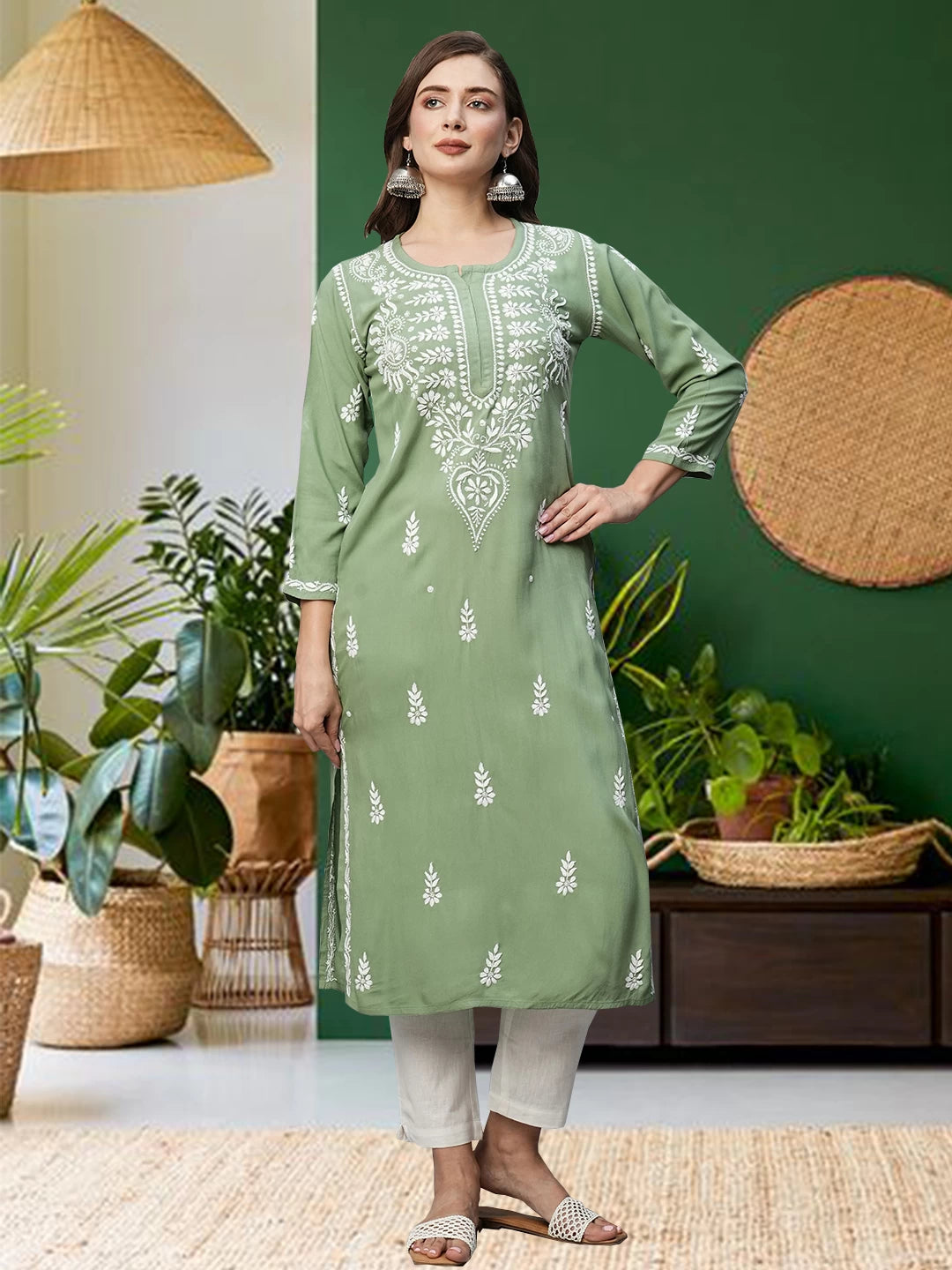 Ada Hand Embroidered Sage Green Rayon Lucknowi Chikankari Straight Kurta A411487