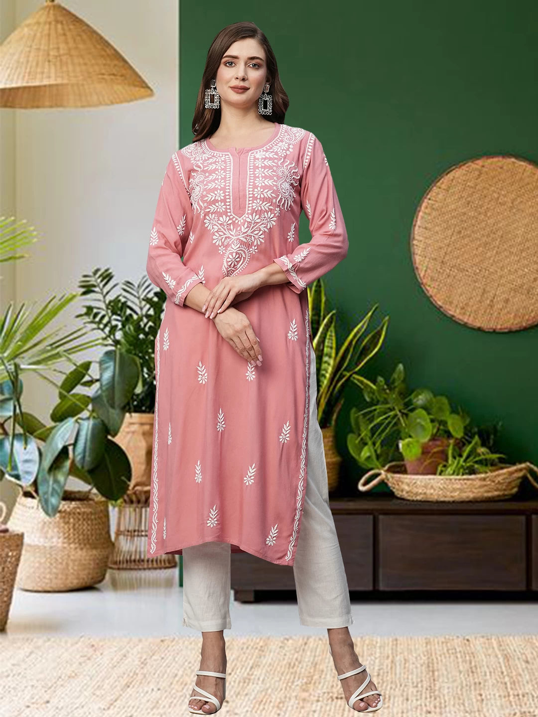 Ada Hand Embroidered Dusty Pink Rayon Lucknowi Chikankari Straight Kurta A411488