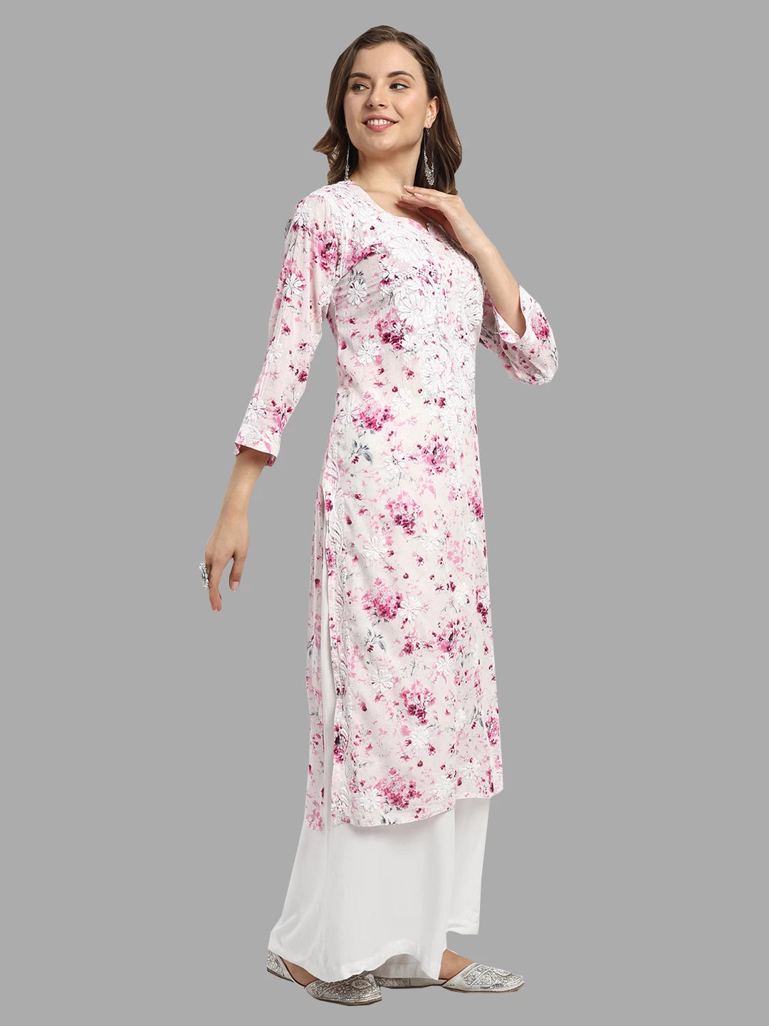 Ada Hand Embroidered Pink Cotton Floral Printed Lucknowi Chikankari Straight Kurta A411527