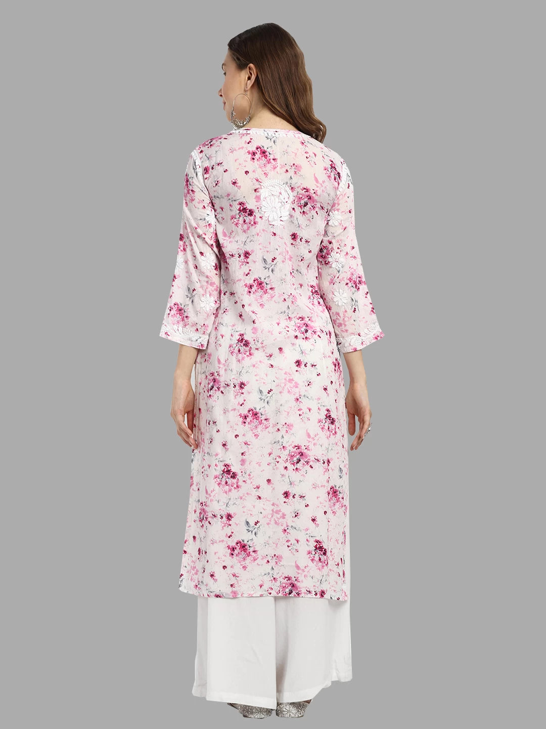 Ada Hand Embroidered Pink Cotton Floral Printed Lucknowi Chikankari Straight Kurta A411527