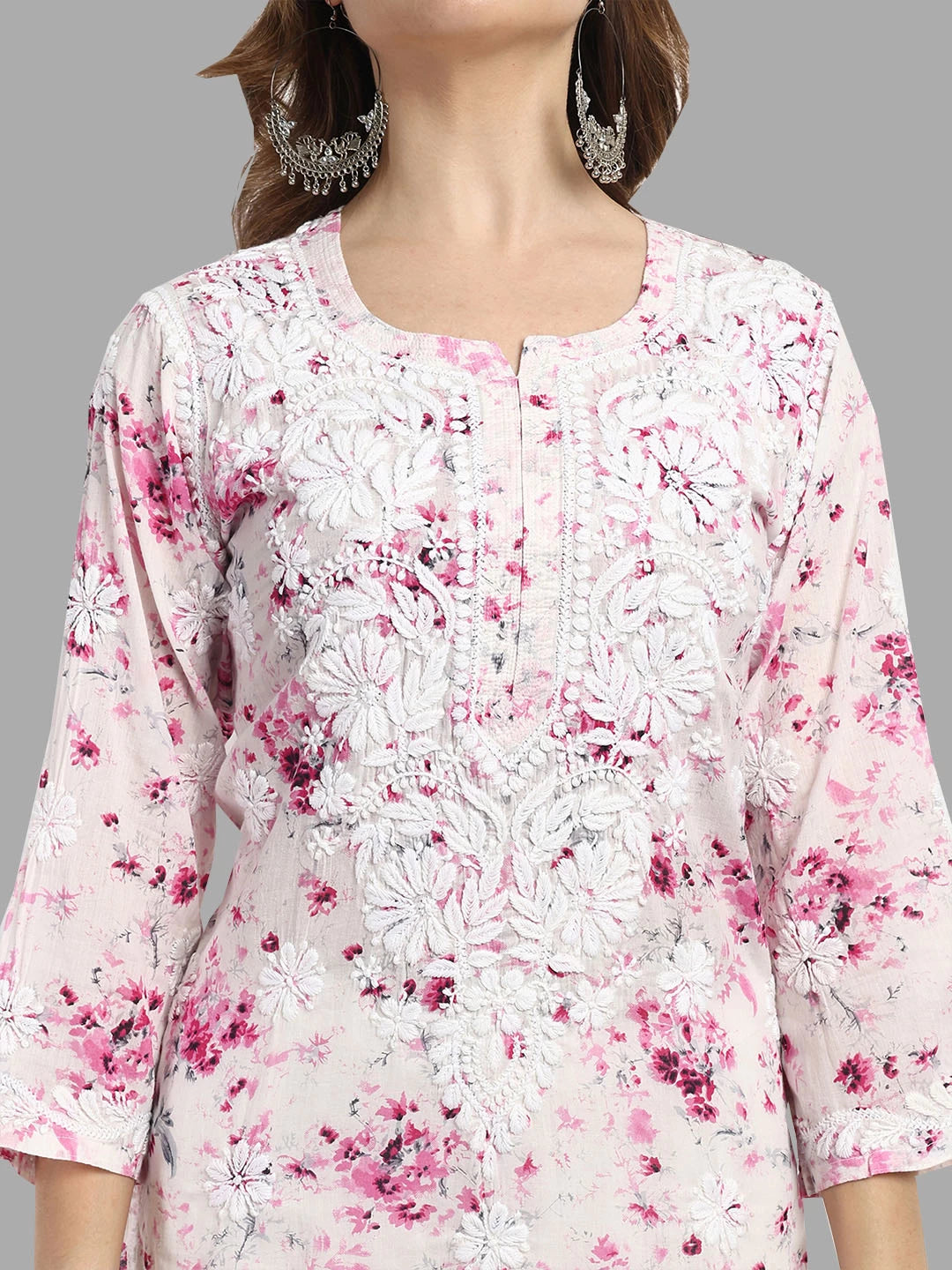Ada Hand Embroidered Pink Cotton Floral Printed Lucknowi Chikankari Straight Kurta A411527