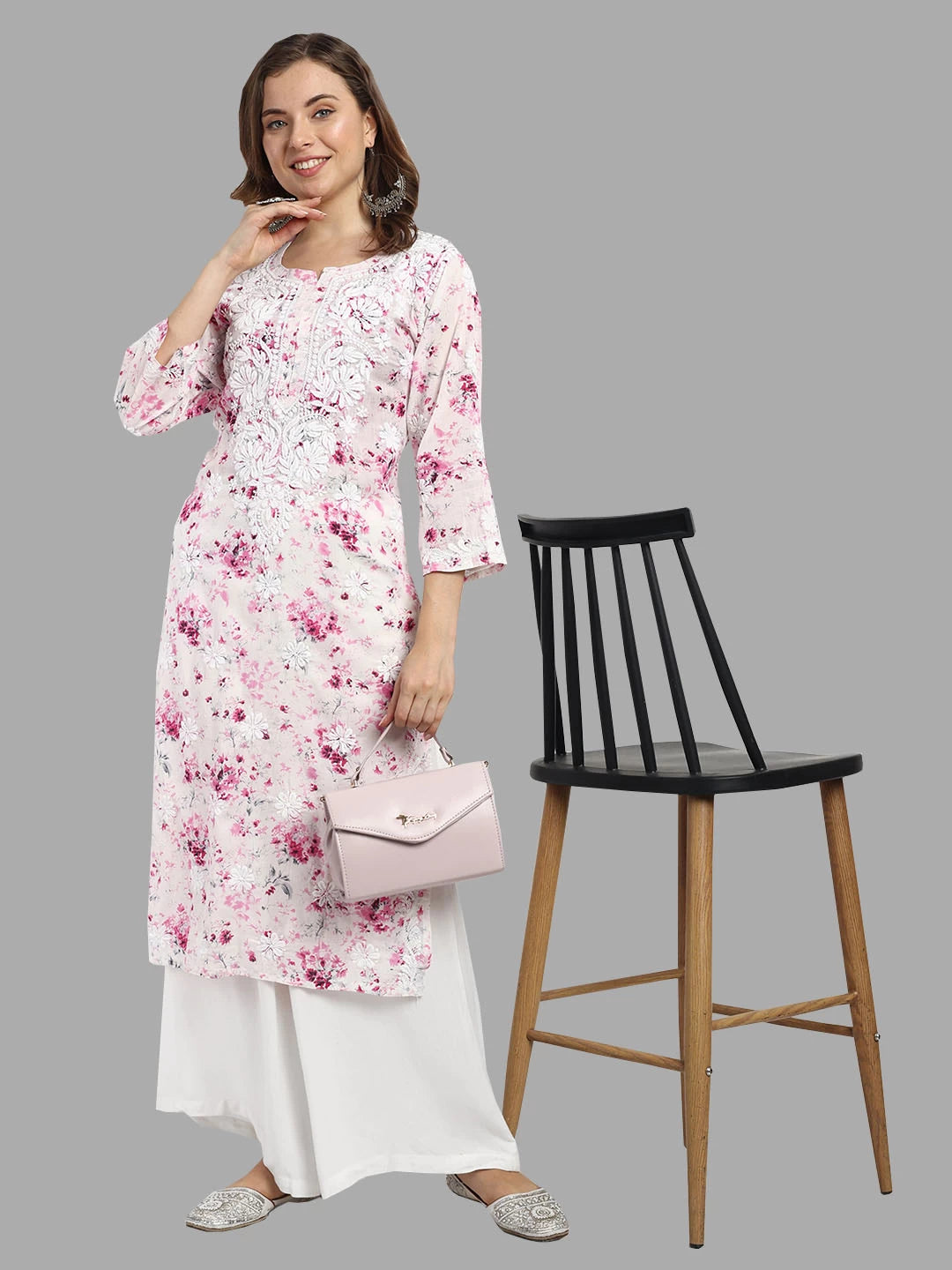 Ada Hand Embroidered Pink Cotton Floral Printed Lucknowi Chikankari Straight Kurta A411527