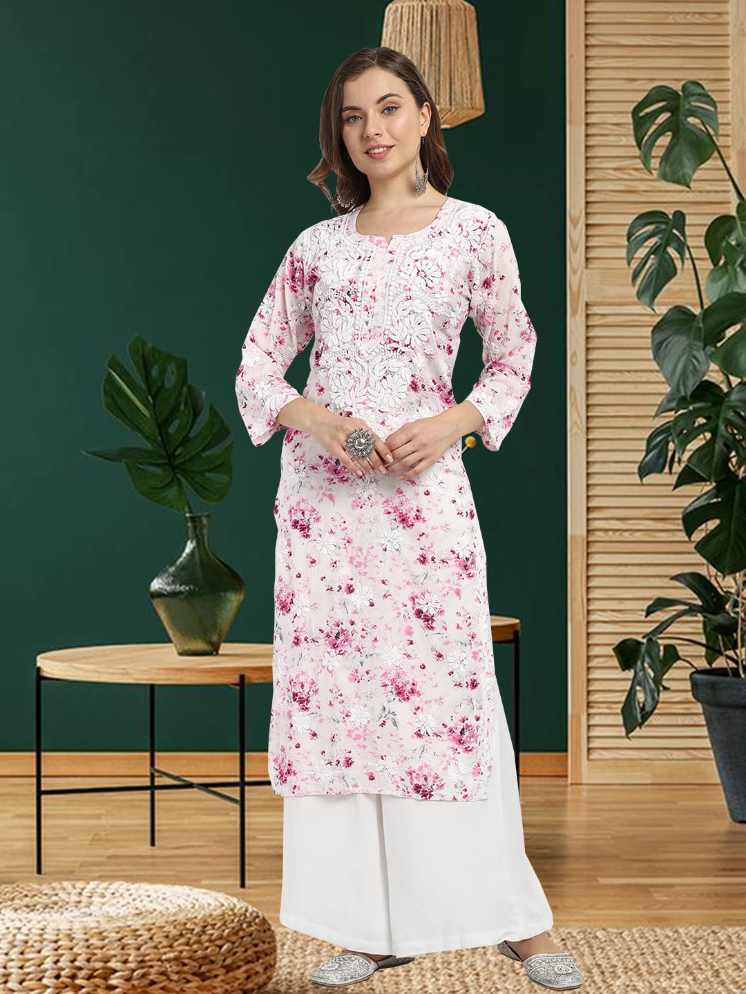 Ada Hand Embroidered Pink Cotton Floral Printed Lucknowi Chikankari Straight Kurta A411527