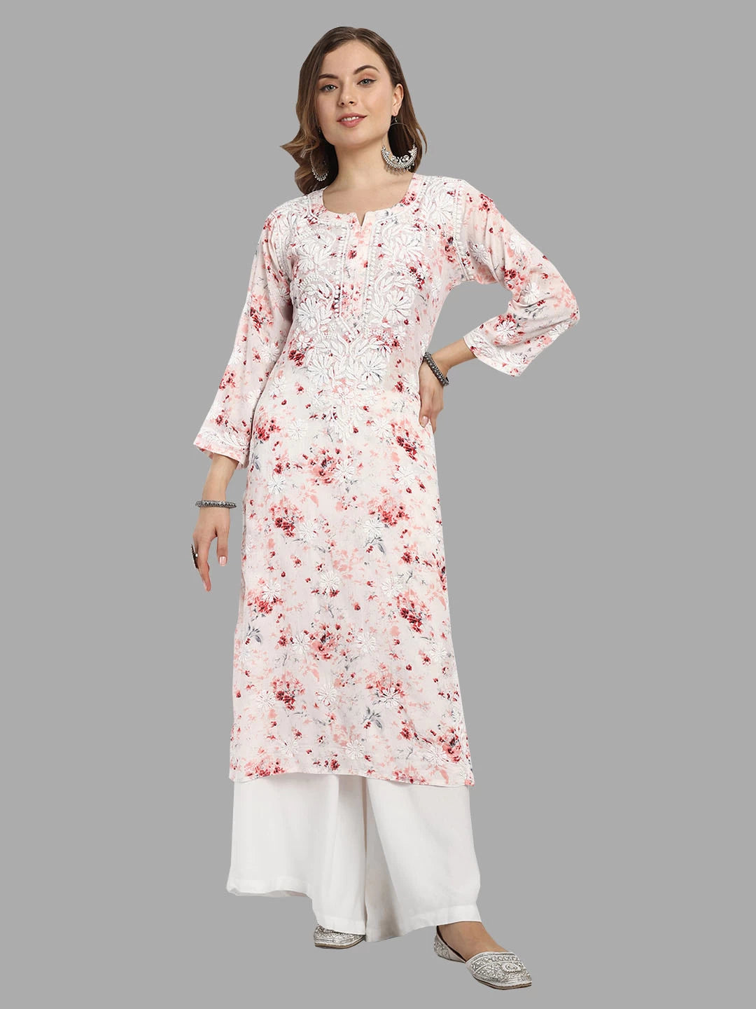 Ada Hand Embroidered Peach Cotton Floral Printed Lucknowi Chikankari Straight Kurta A411529