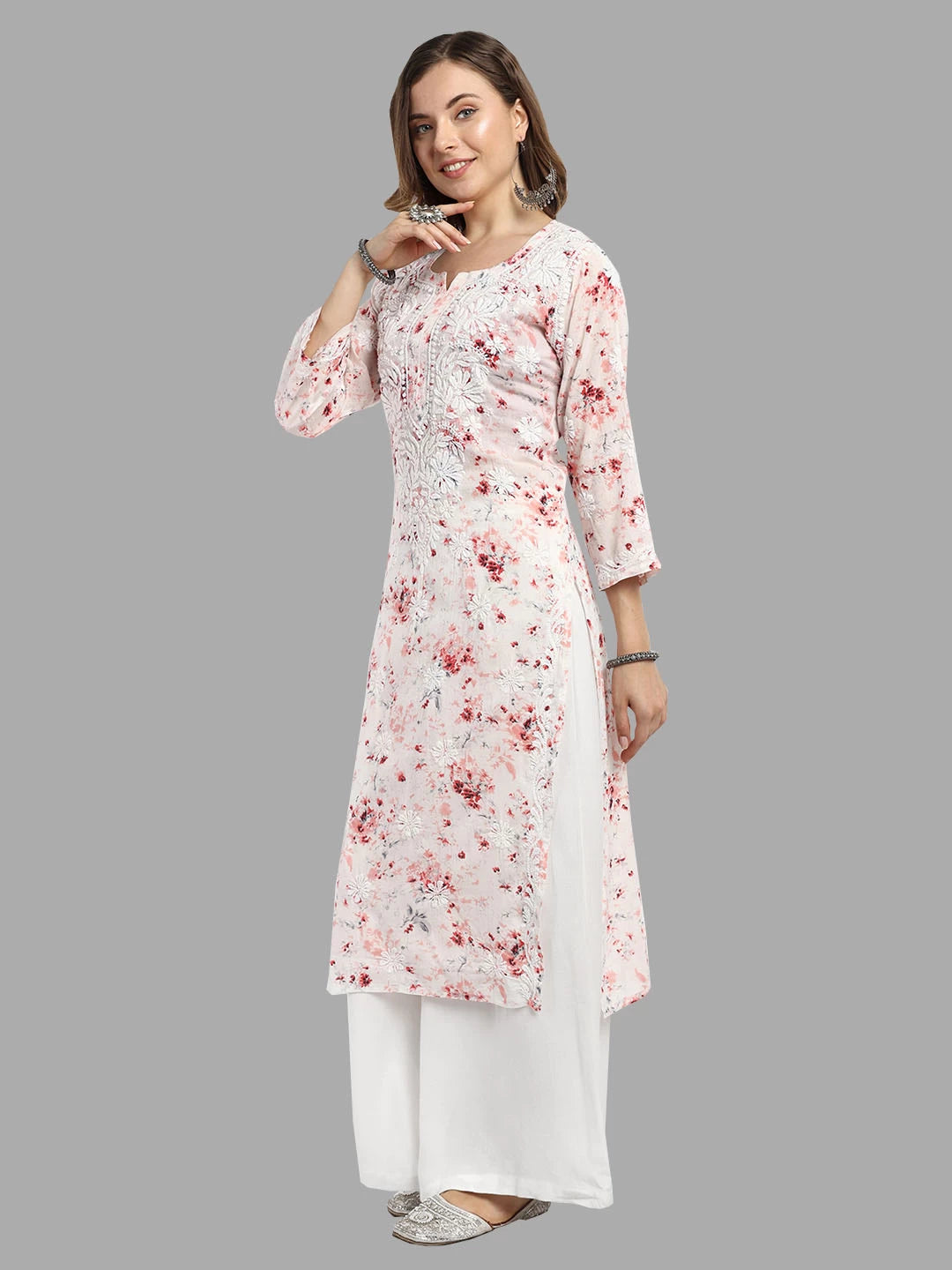 Ada Hand Embroidered Peach Cotton Floral Printed Lucknowi Chikankari Straight Kurta A411529
