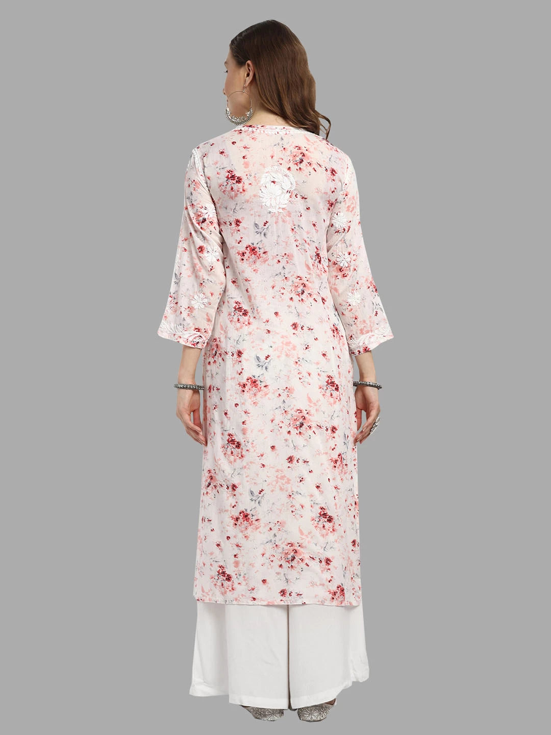 Ada Hand Embroidered Peach Cotton Floral Printed Lucknowi Chikankari Straight Kurta A411529