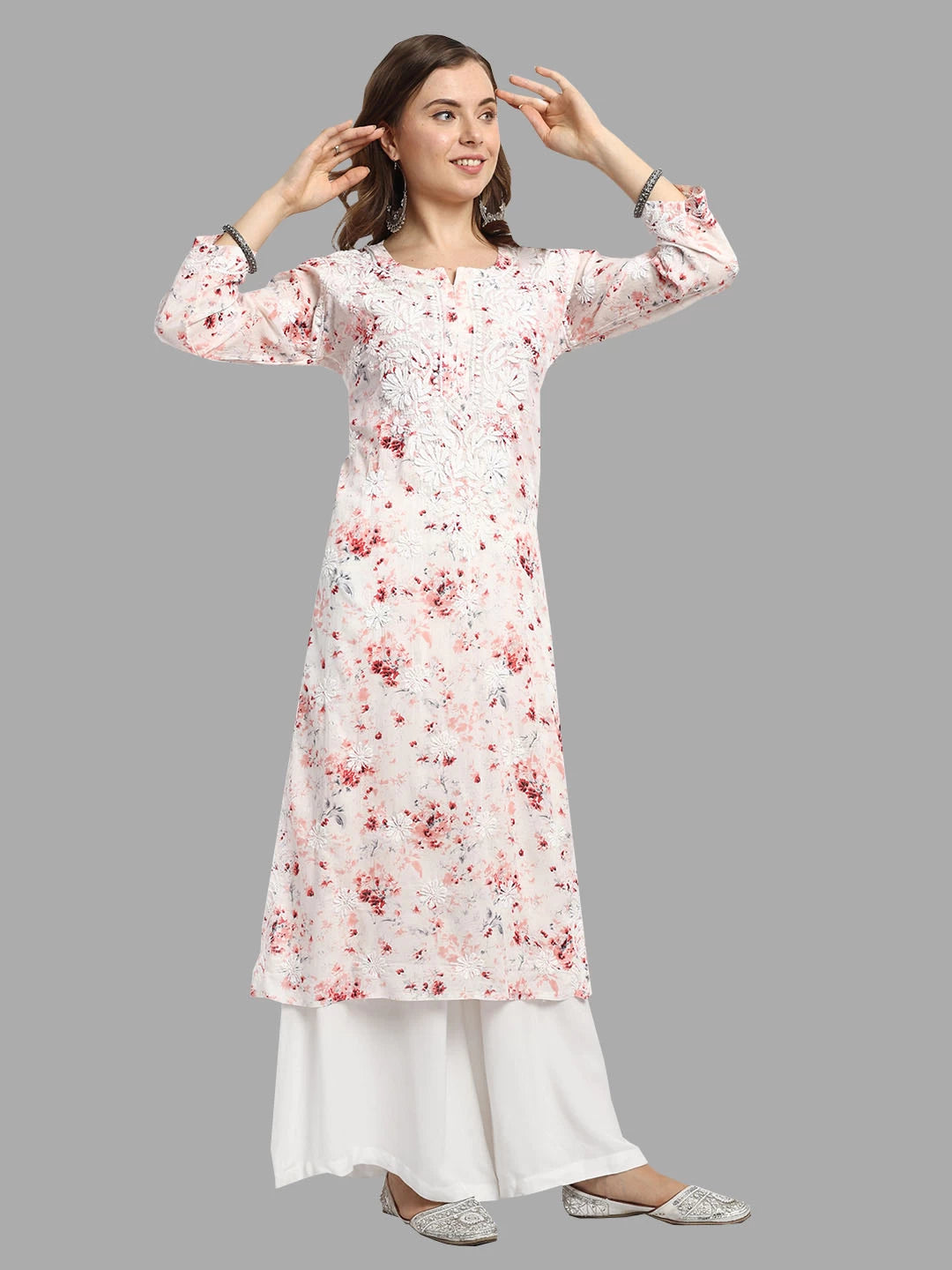 Ada Hand Embroidered Peach Cotton Floral Printed Lucknowi Chikankari Straight Kurta A411529