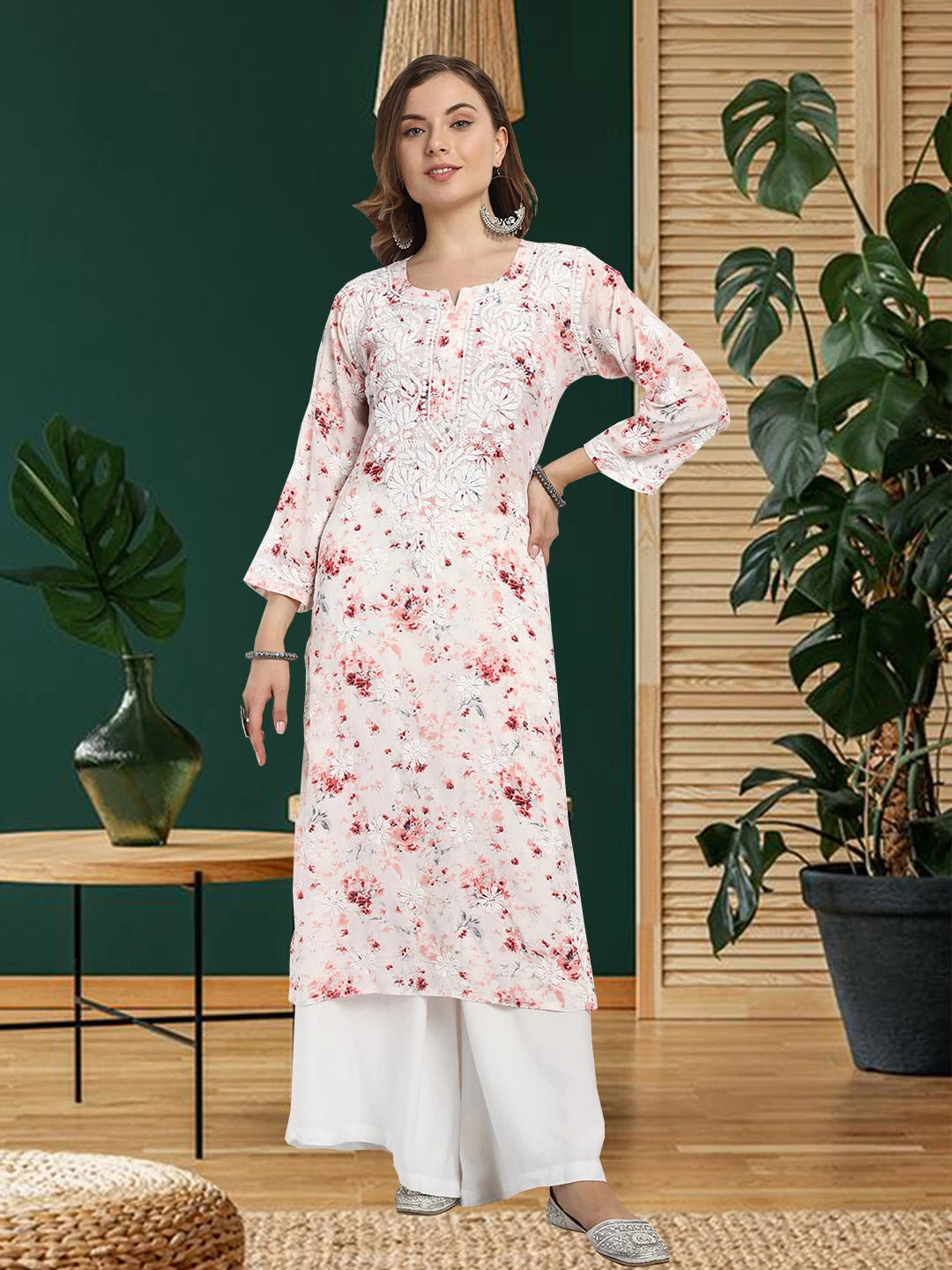 Ada Hand Embroidered Peach Cotton Floral Printed Lucknowi Chikankari Straight Kurta A411529