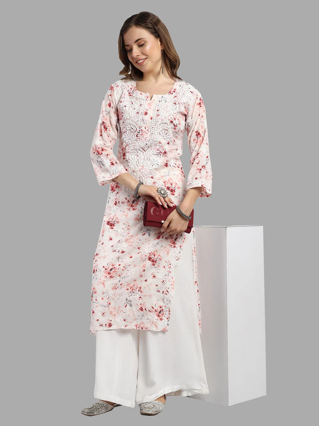 Ada Hand Embroidered Peach Cotton Floral Printed Lucknowi Chikankari Straight Kurta A411529